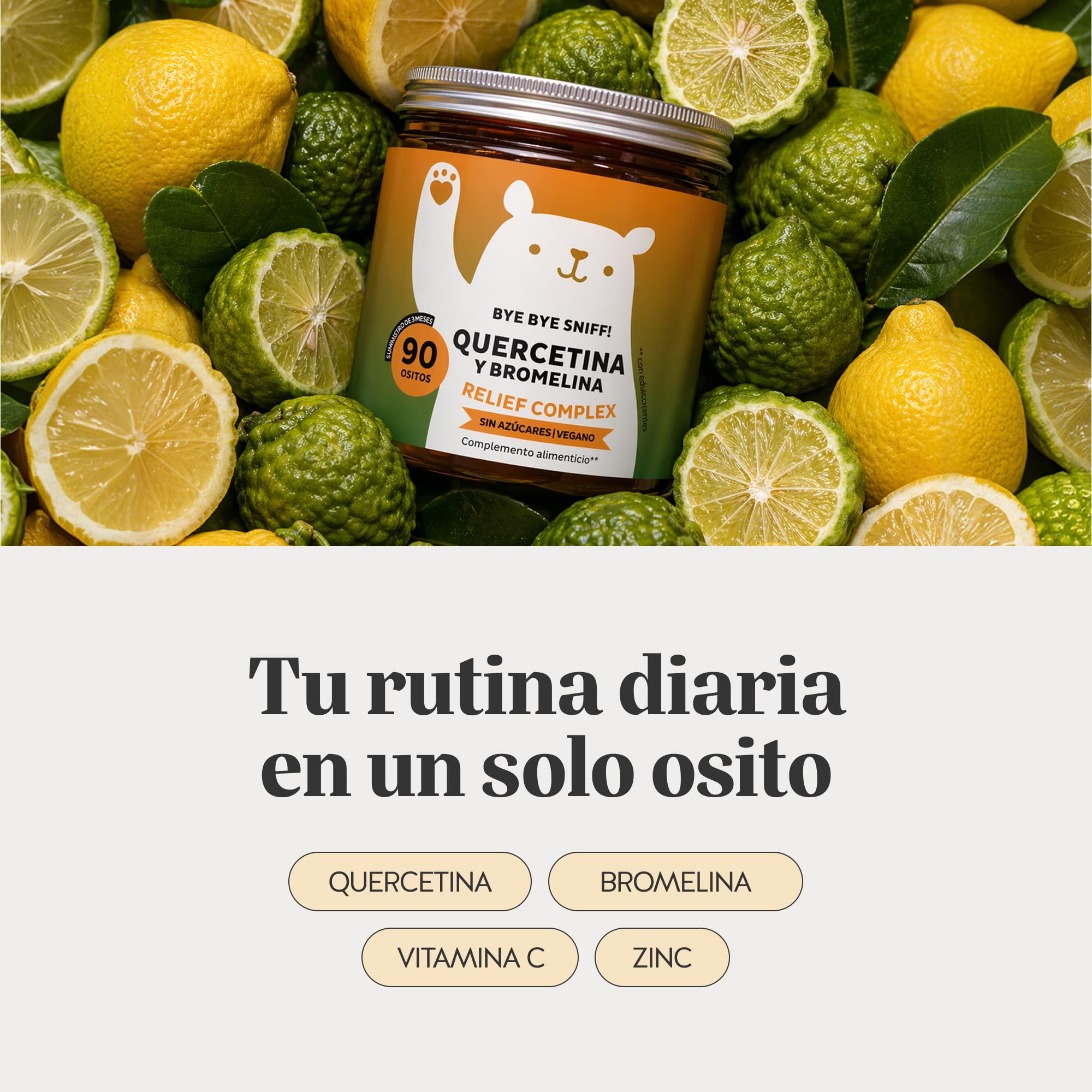 Quercetina y Bromelina Gominolas - Bye Bye Sniff Relief Complex - con Vitamina C y Zinc - Sistema inmunitario y fatiga - 90 unidades (3 meses) - Vegano, Sin azúcar - Bears with Benefits