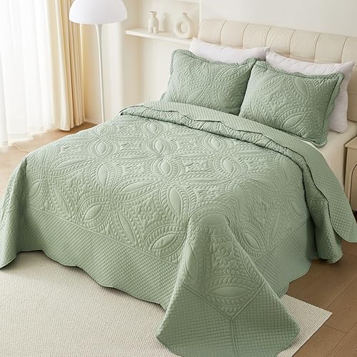 Miniatura 2 de Colcha tamaño King de 106 x 96 pulgadas, edredón de 3 piezas King con 2 fundas, juego de edredón ligero verde salvia para todas las estaciones,