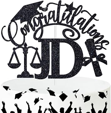 Congratulations JD Cake Topper, Congrats Lawyer/Juris Doctor Cake Decor, Class of 2026 Law Grad Graduation Party Decorations Supplies, Black Glitter
