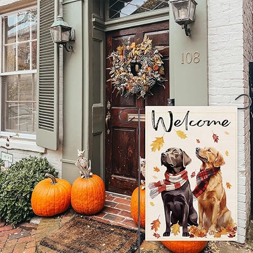 Miniatura 2 de Balgardekor Bandera de jardín de perro de bienvenida para exteriores, banderas de jardín de Acción de Gracias, de 12 x 18 pulgadas, doble cara para