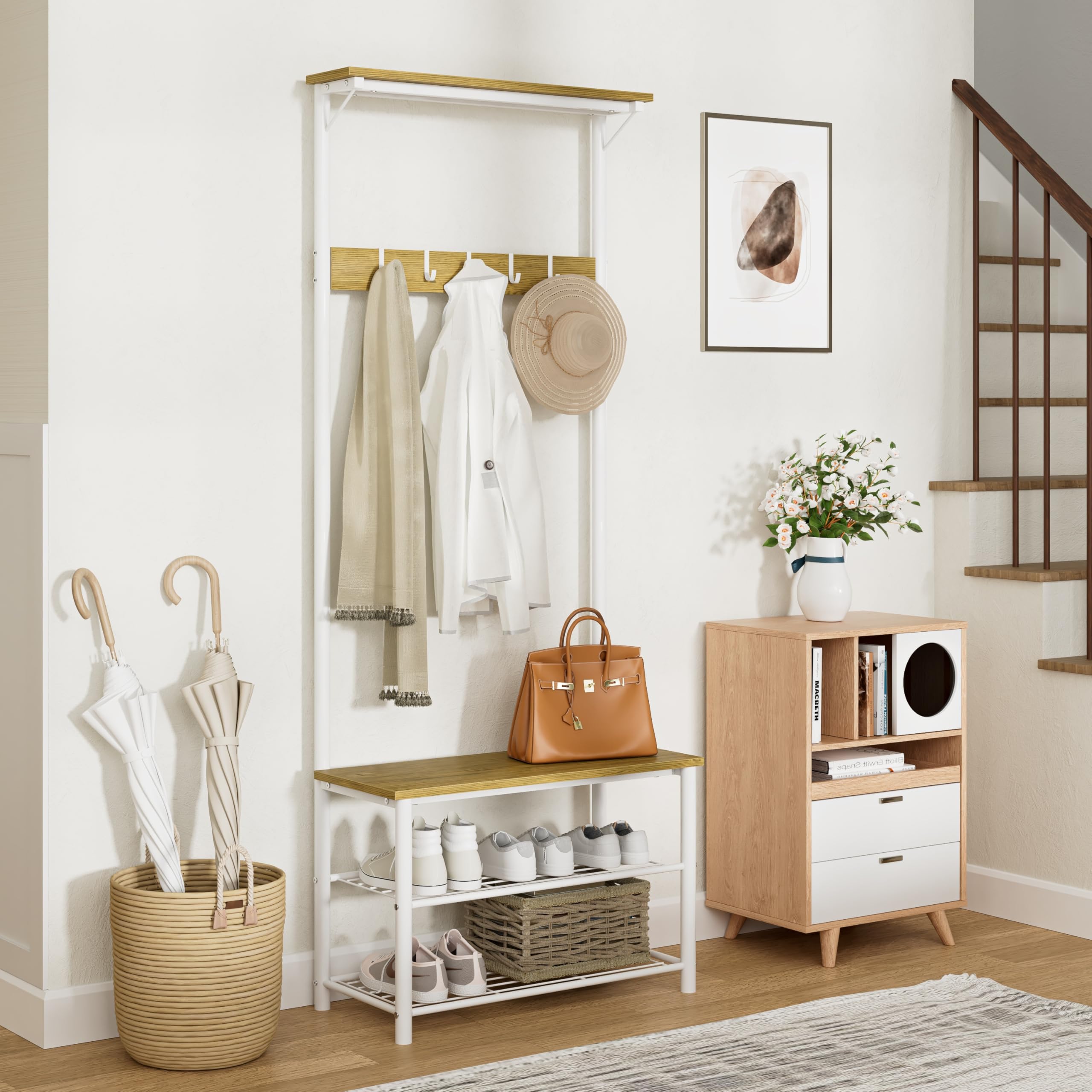 HEYZOEY Perchero de madera con asiento y zapatero, estante de 3 niveles y 4 ganchos extraíbles, blanco (parte superior)
