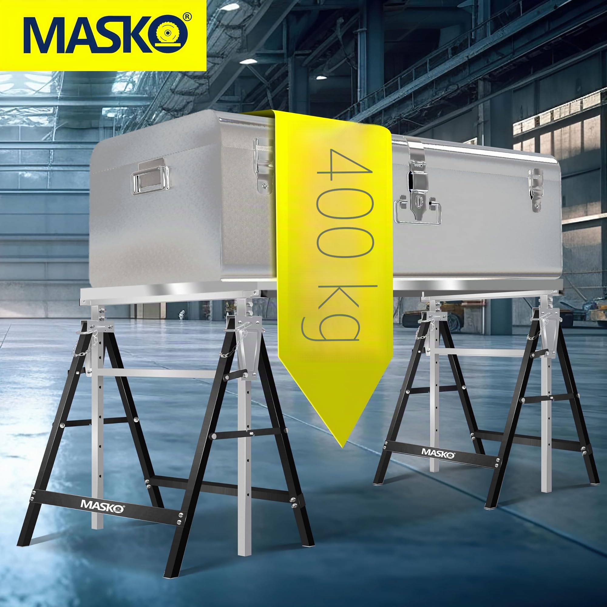 MASKO® Lot de 4 tréteaux de travail télescopiques - Charge maximale : 200 kg - Hauteur de travail min/max : 800-1300 mm - Avec gants - Noir