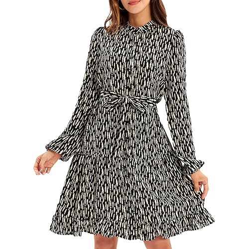 GRACE KARIN Women's Tiered Dress Casual Shirt Stand Collar Long Sleeve Dress with Belt