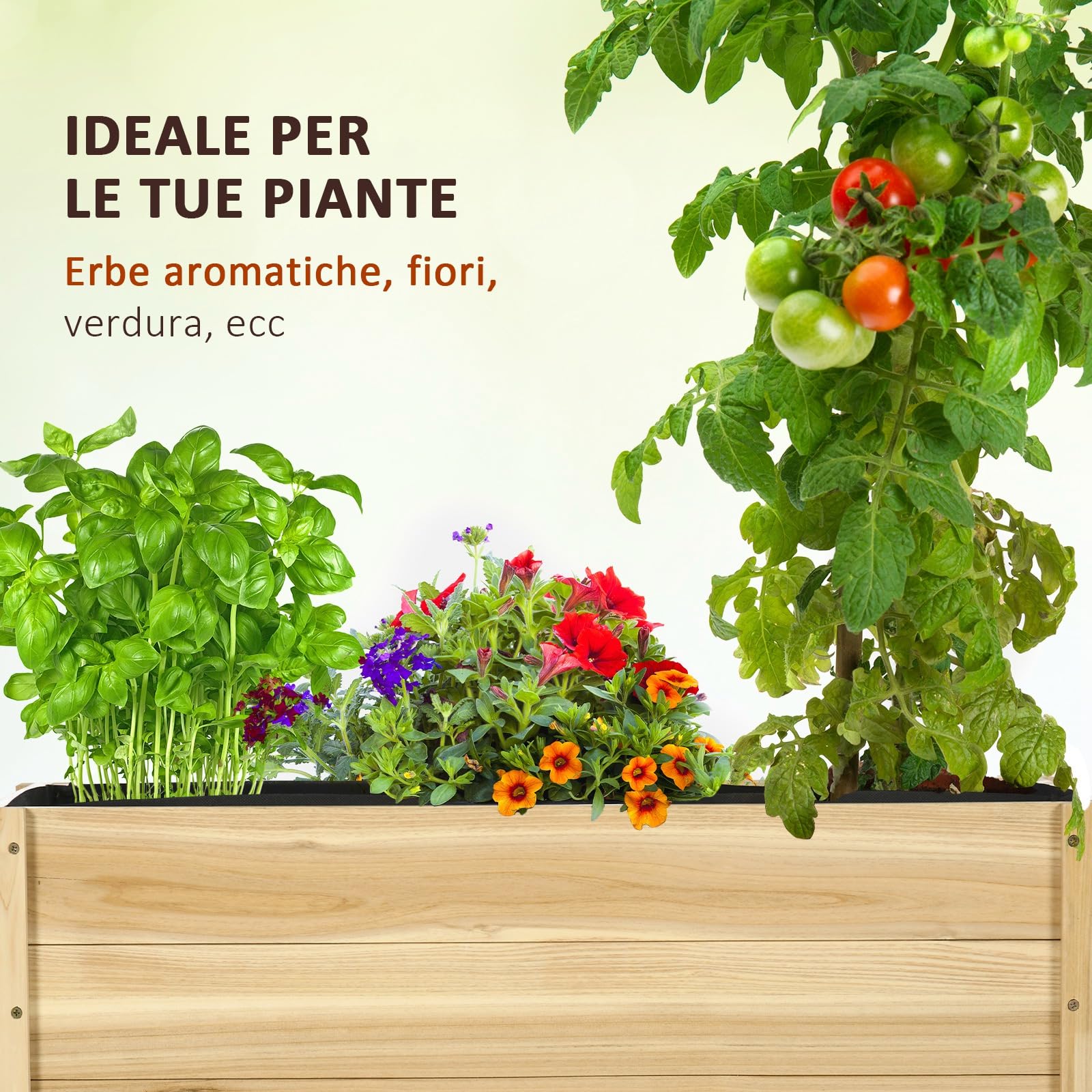 Outsunny Fioriera da Giardino con Foro di Drenaggio e Fodera di Tessuto non Tessuto, Fioriera in Legno di Abete con Rotelle, 89x48x47 cm, color Legno