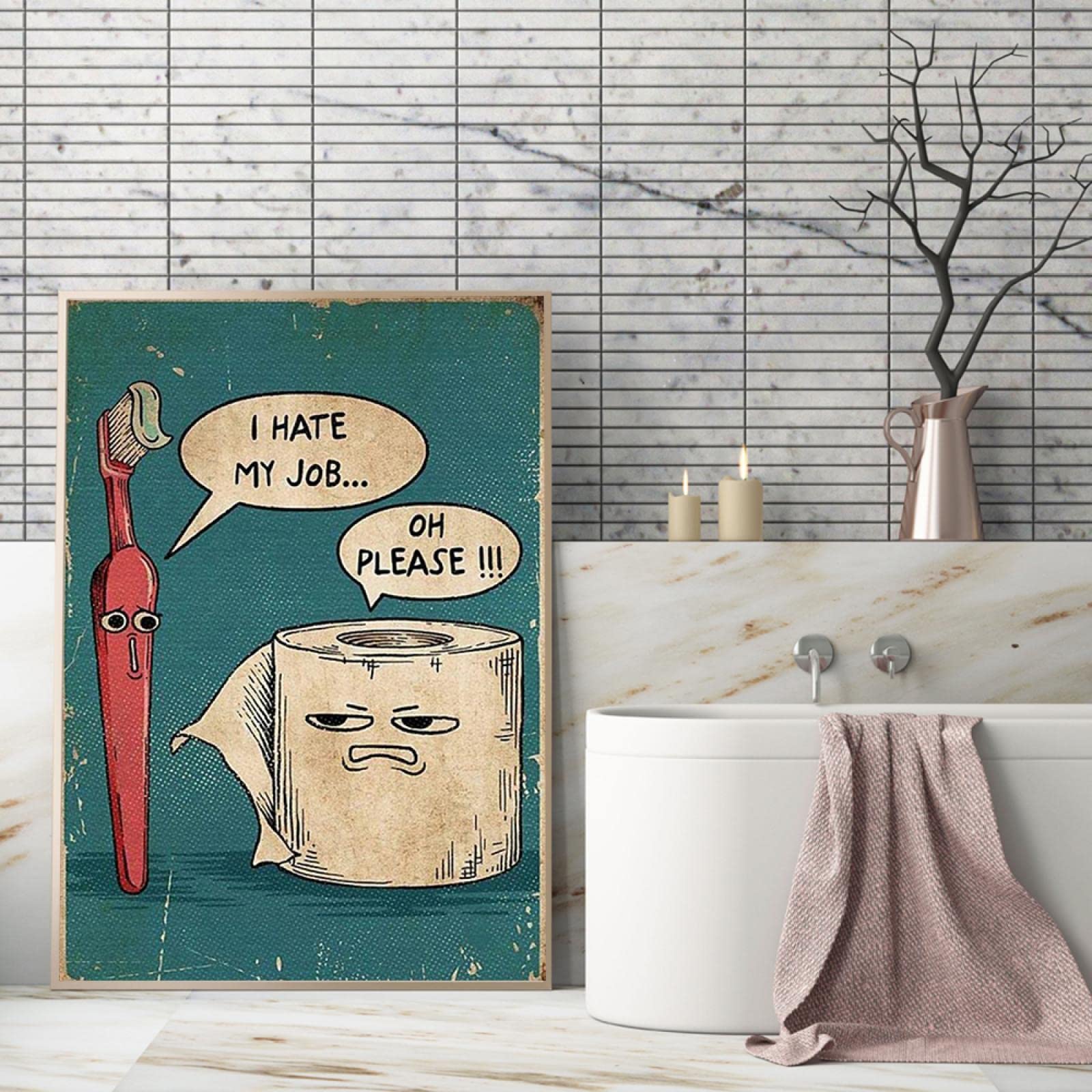 GEMMII Quadro Su Tela I Hate My Jobs Divertente Spazzolino da denti e WC Tela Arte della parete Pittura Moderna Decorazione del bagno Poster e stampa 29,7x42 cm Senza cornice