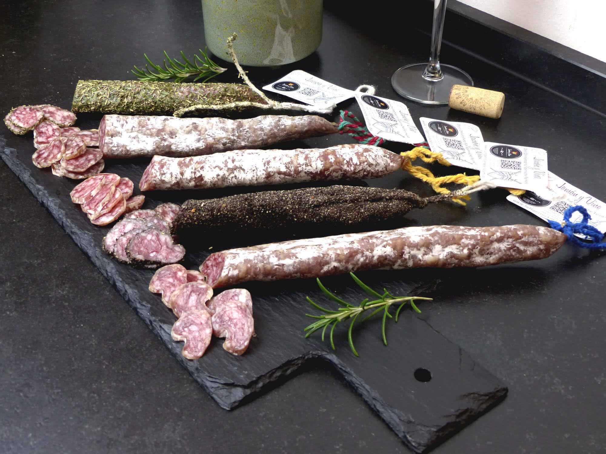 Spanische Fuet Wurst 5er Set – katalanische luftgetrocknete Salami, verschiedene Sorten im Mix, große Auswahl, ideal für Tapasplatte, Snack & Party