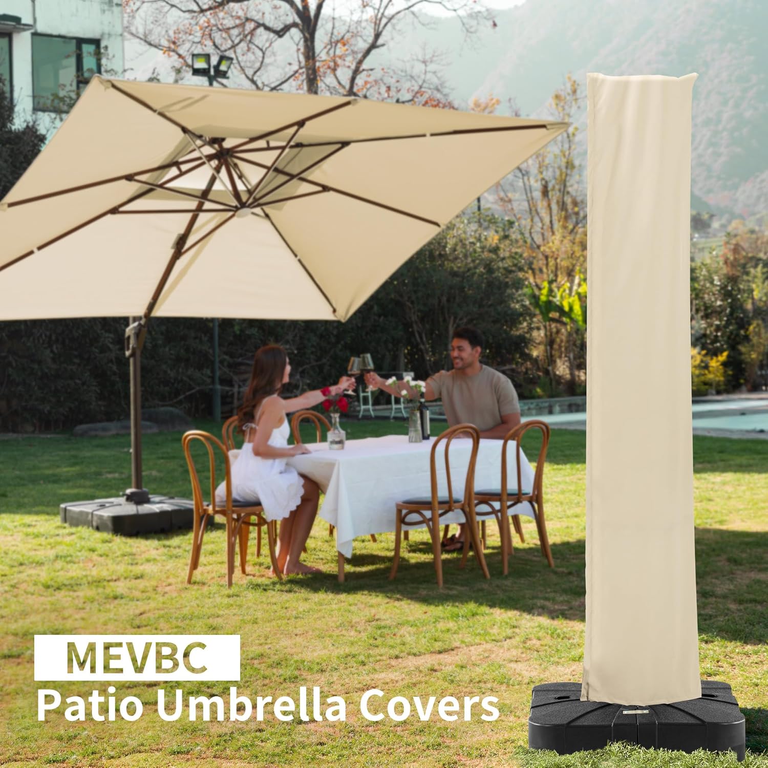 Patio Umbrella Cover, Water Resistant Replacement Covers with Zipper and Rod Fit 9-13 Ft Outdoor Cantilever Umbrellas, Beige - Image 2