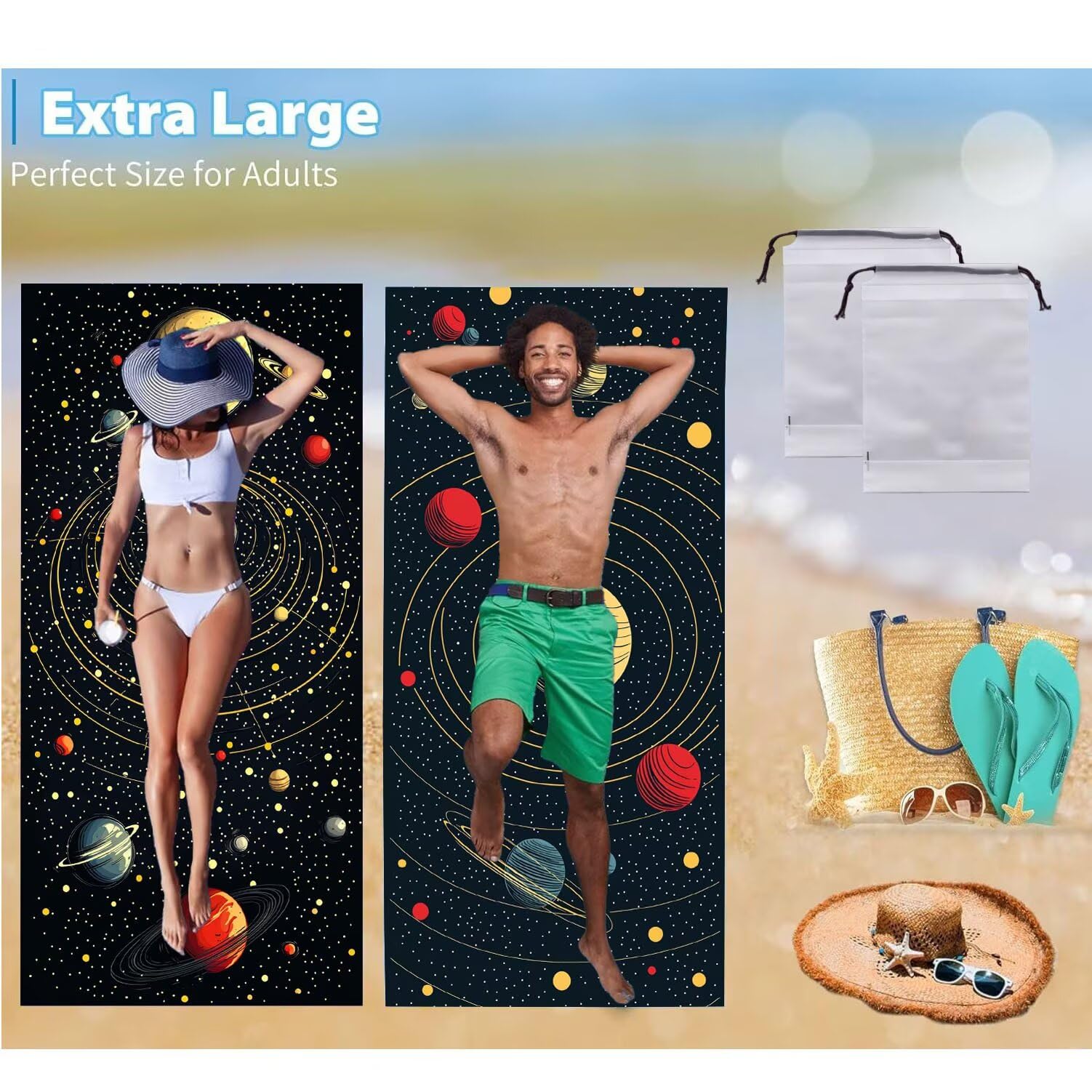 Ręcznik plażowy 90 x 200 cm, zestaw 2 dużych ręczników z mikrofibry szybkoschnący, chłonny, kompaktowy, ręcznik kąpielowy bez piasku letni koc plażowy damski do kąpieli prezent (planeta wszechświata