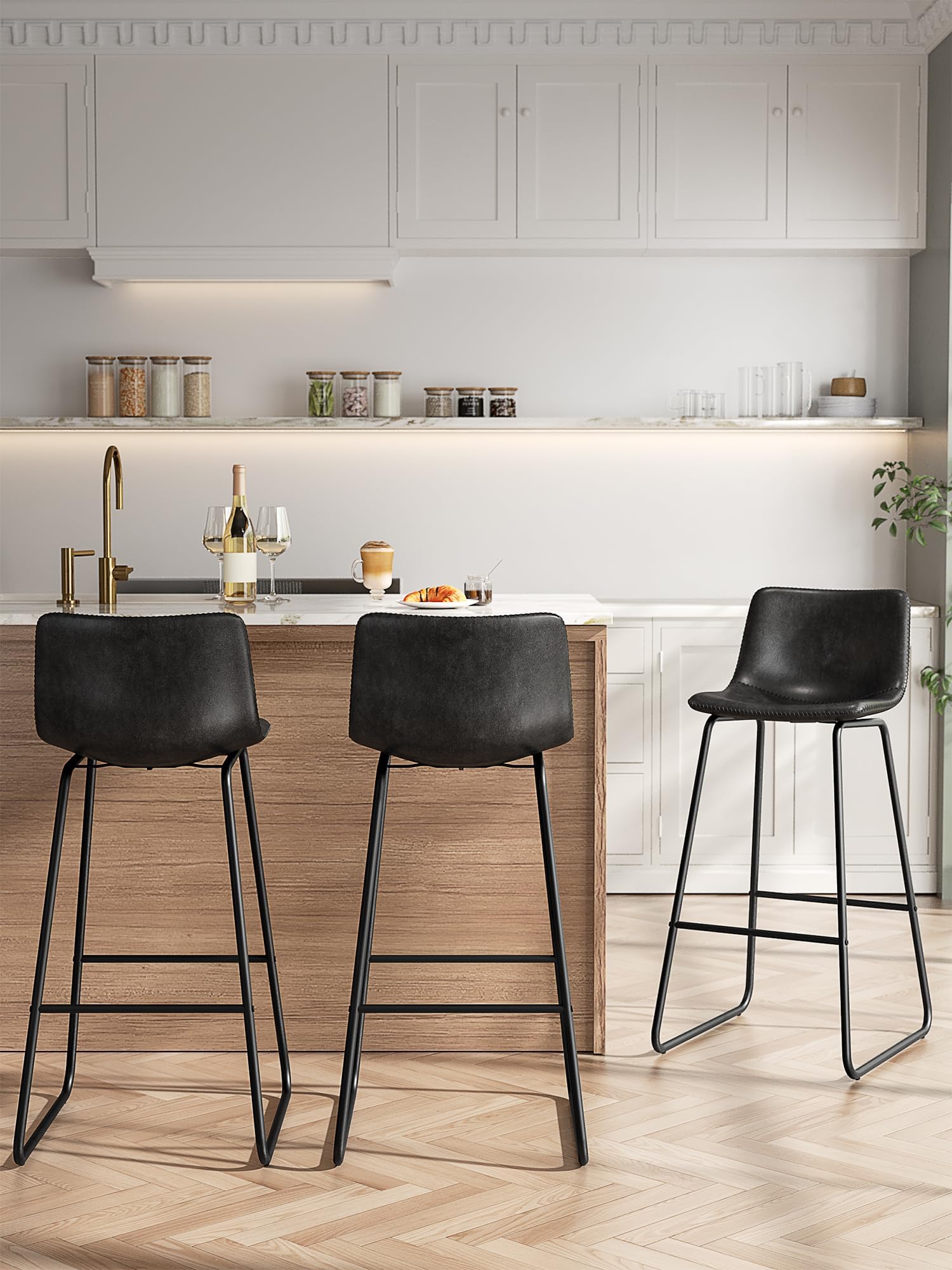 Aowos Bar Stools Set of 3, 30 Inches Counter Height Bar Stools with Back, Modern Faux Leather Barstools with Metal Legs and Footrest, Bar Chairs for