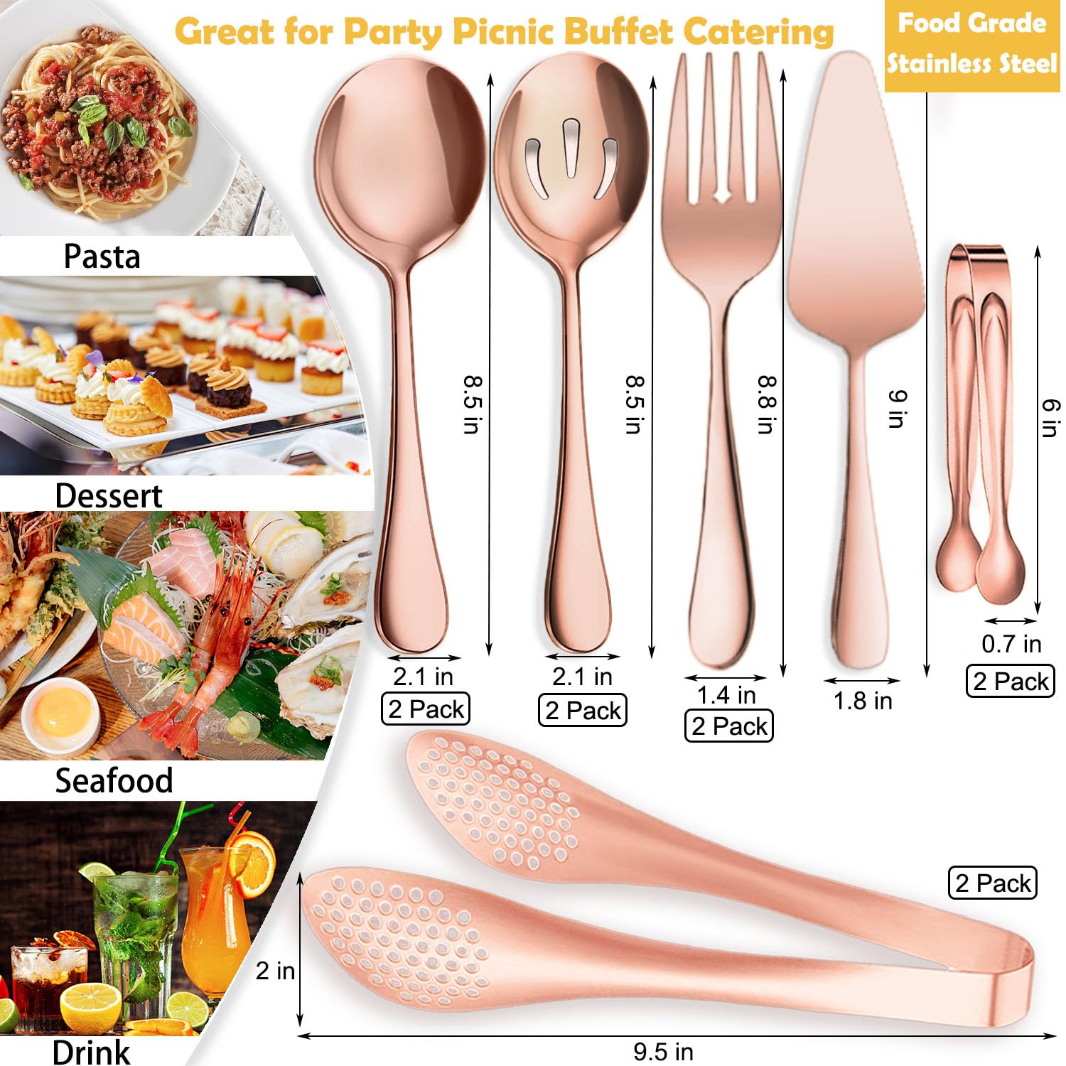 Servierutensilien, große Edelstahllöffel, Gabeln, Zange, Tortenheber, ideal für Gastgeberin, Buffet, Catering, Bankett, Party, Roségold, 11 Stück