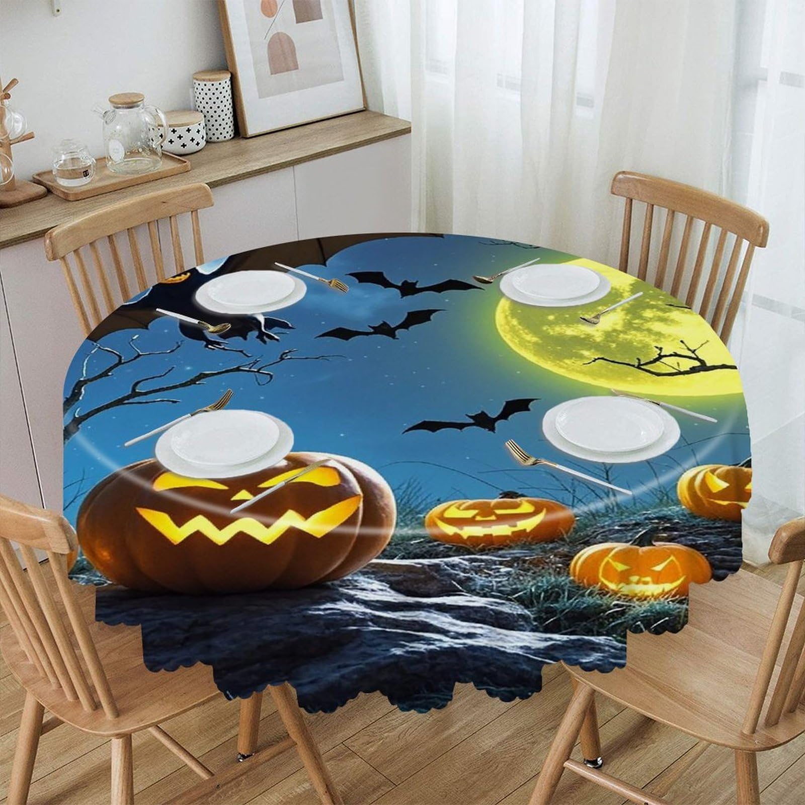 FekiLoot Bats and Pumpkins Round Tablecloth 60 Inch Waterproof Heavy Duty Table Cloth Spillproof Washable Table Cover Wrinkle Resistant Tablecloths Decorative Table Cloths