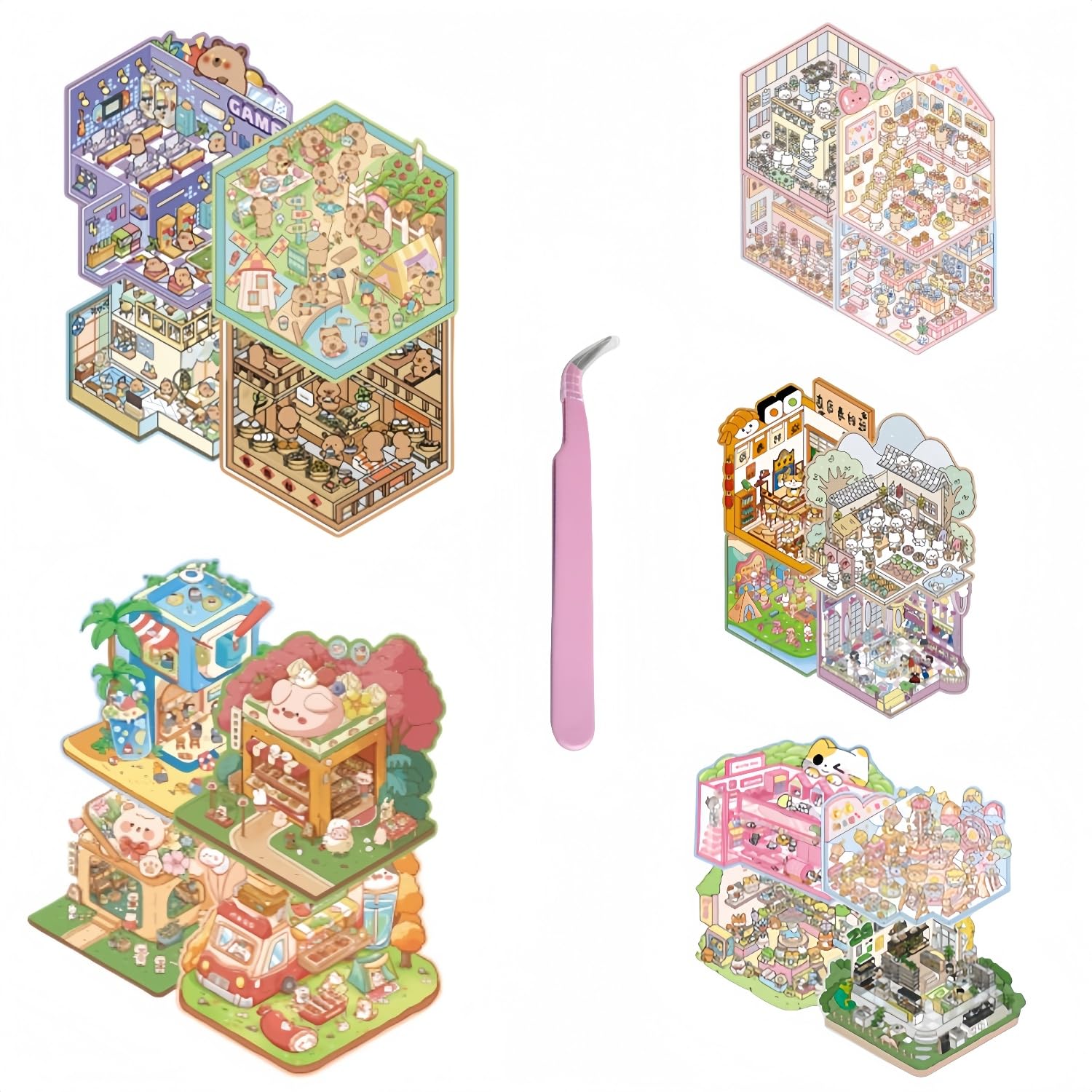 20 Sets DIY 3D Stickers Scenes Book,Cartoon 3D House Sticker Make Your Own Mini Supermarket Flower Shop Sushi Branch Amusement Park Therapy for Adult Relief Stress Pass The Time - Image 3