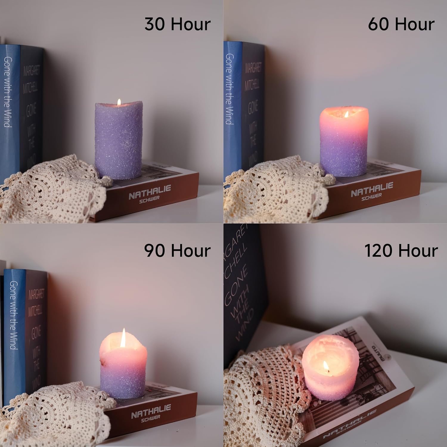 MOZEAL Hand-Poured Granular Texture Decorative Lavnder Pillar Candles Set of 3 (3"x4", 5", 6"),Approx 300 Hours Burn Time Dripless, Unscented, Smokeless, Spring Party Decor Candle Lover Gift