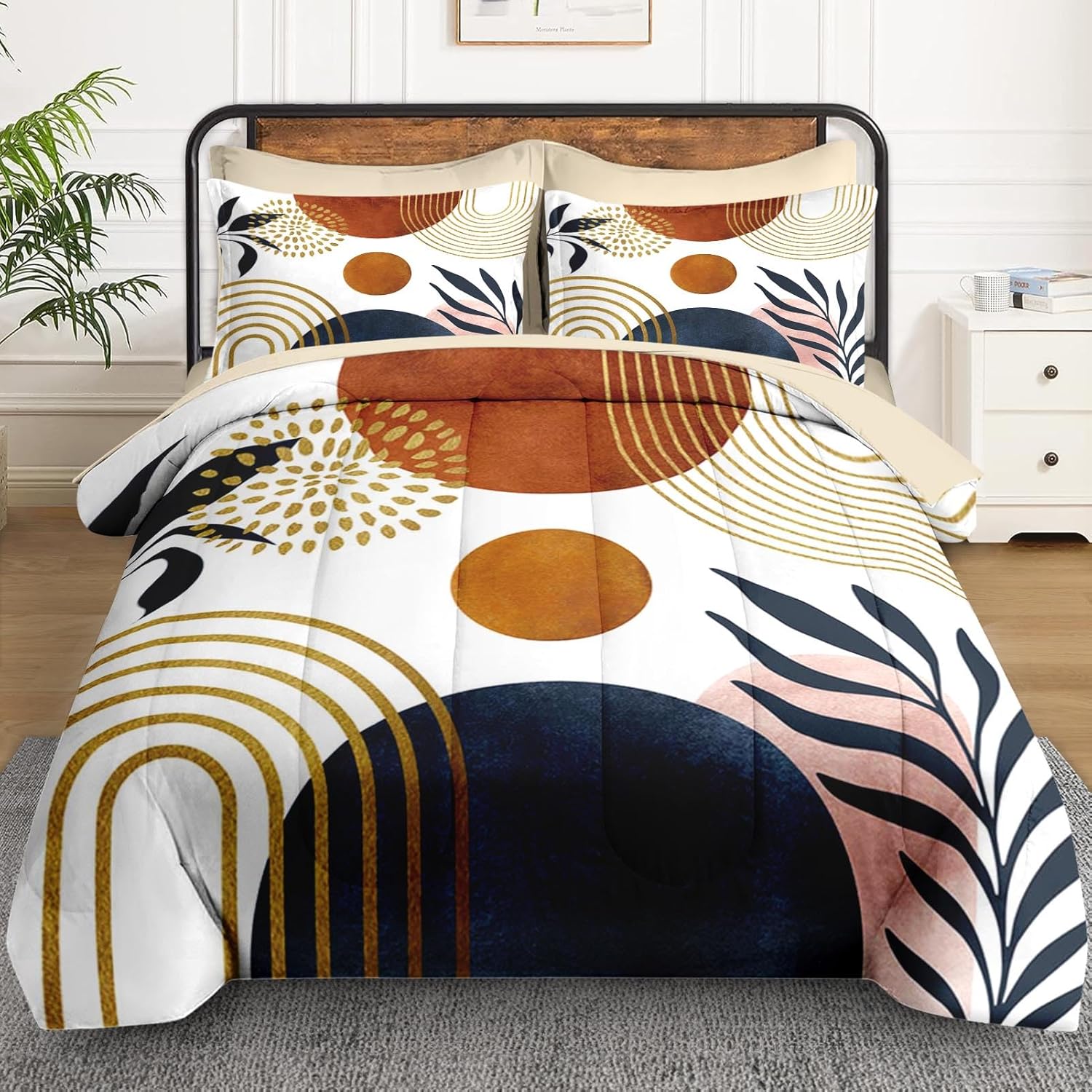 7 Pcs Full Size Comforter Set with 2 Pillowcases & 2 Shams, Mid Century Bedding for Adults, Sun Boho Geometric Leaf Bed in a Bag with Flat Fitted Sheet - Image 2