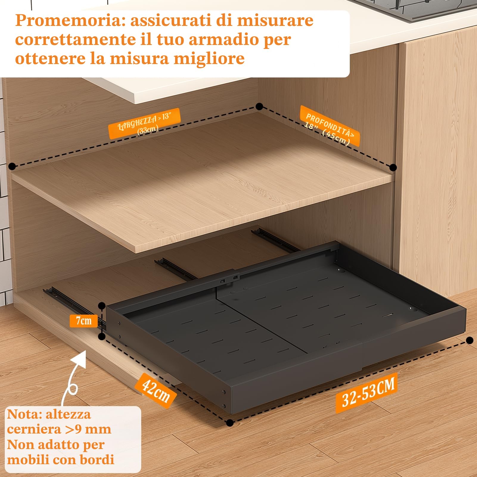 PNNP 2 Pezzi Cassetto Estraibile Cucina: Cassetti Telescopico Armadio - Cestelli Estraibili per Cucina a Larghezza Regolabile (32-53 cm L x 43 cm P x 7 cm A) - Nessuna Foratura | Nero