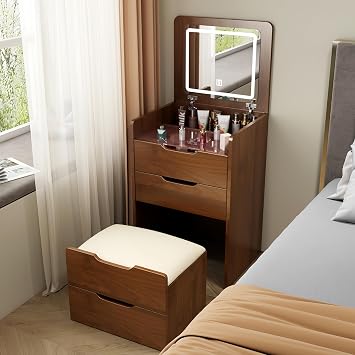 Small Makeup Vanity with Flip Top Mirror and Visible Glass Desktop, 3 in 1 Vanity Desk with Adjustable LED Lights, Cushioned Stool, 3 Drawers, Small Space, Bedroom, Walnut