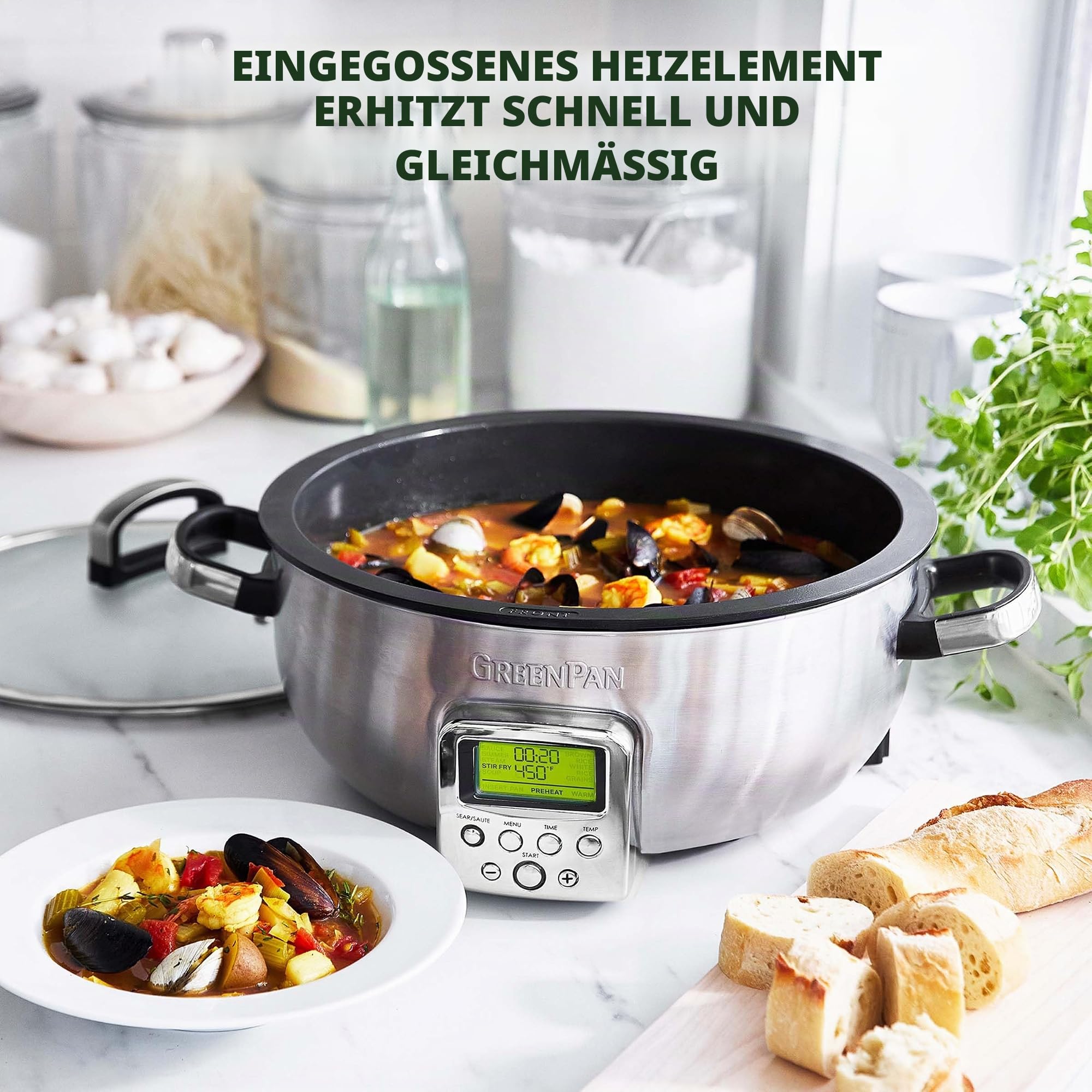 GreenPan Elite Wesentlich Schlau Elektrisch 5.6L Bratentopf,Einfache Brat- Sautier- Rühr- und Reiskocher-Vorwahlen,PFAS-freie Gesunde Keramik-Antihaft,Spülmaschinenfeste Teile,LED-Anzeige,Edelstahl