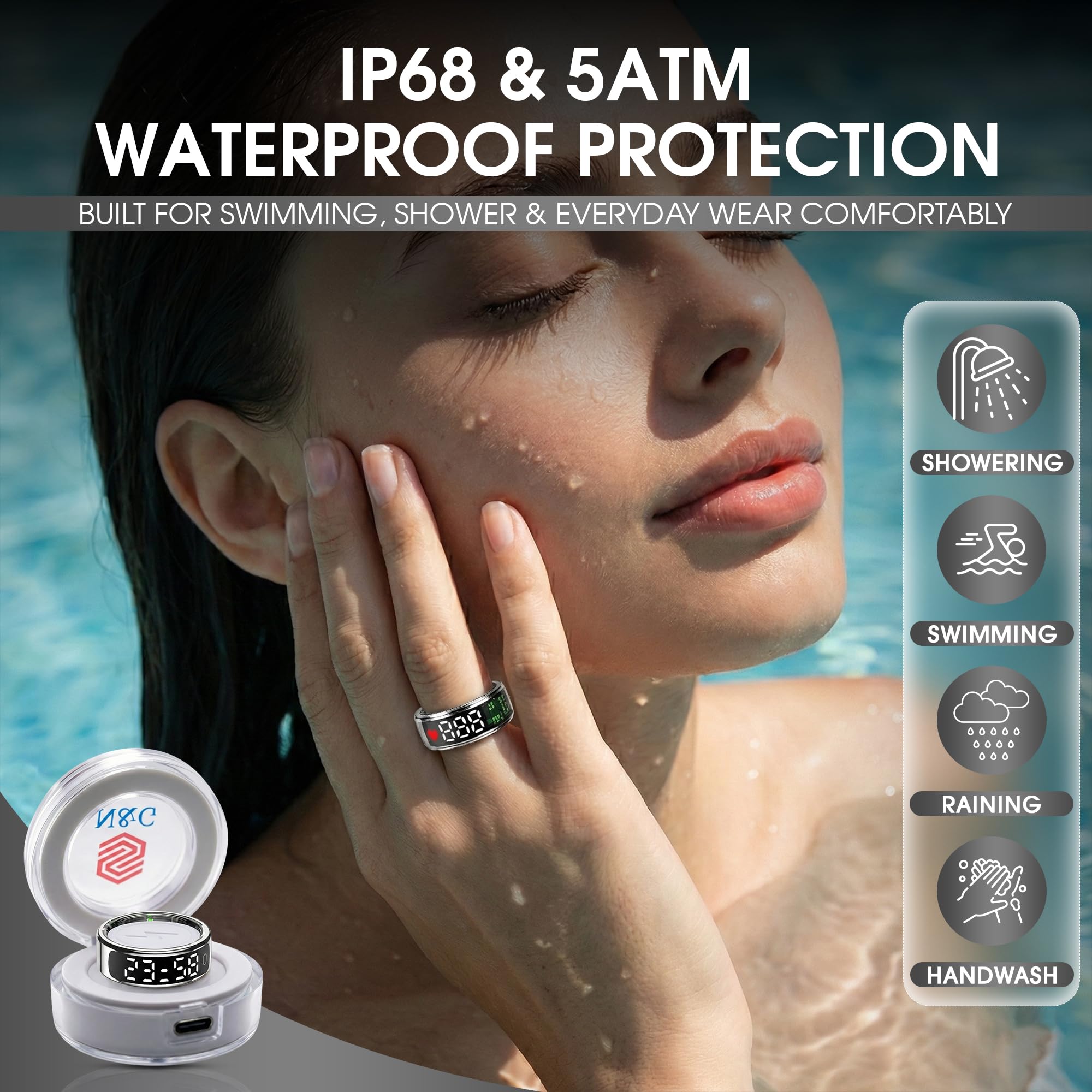 N&G Anillo inteligente para hombres y mujeres, anillo de seguimiento de fitness y salud con pantalla LED, frecuencia cardíaca, contador de pasos y monitor de sueño, modos multideporte, resistente al