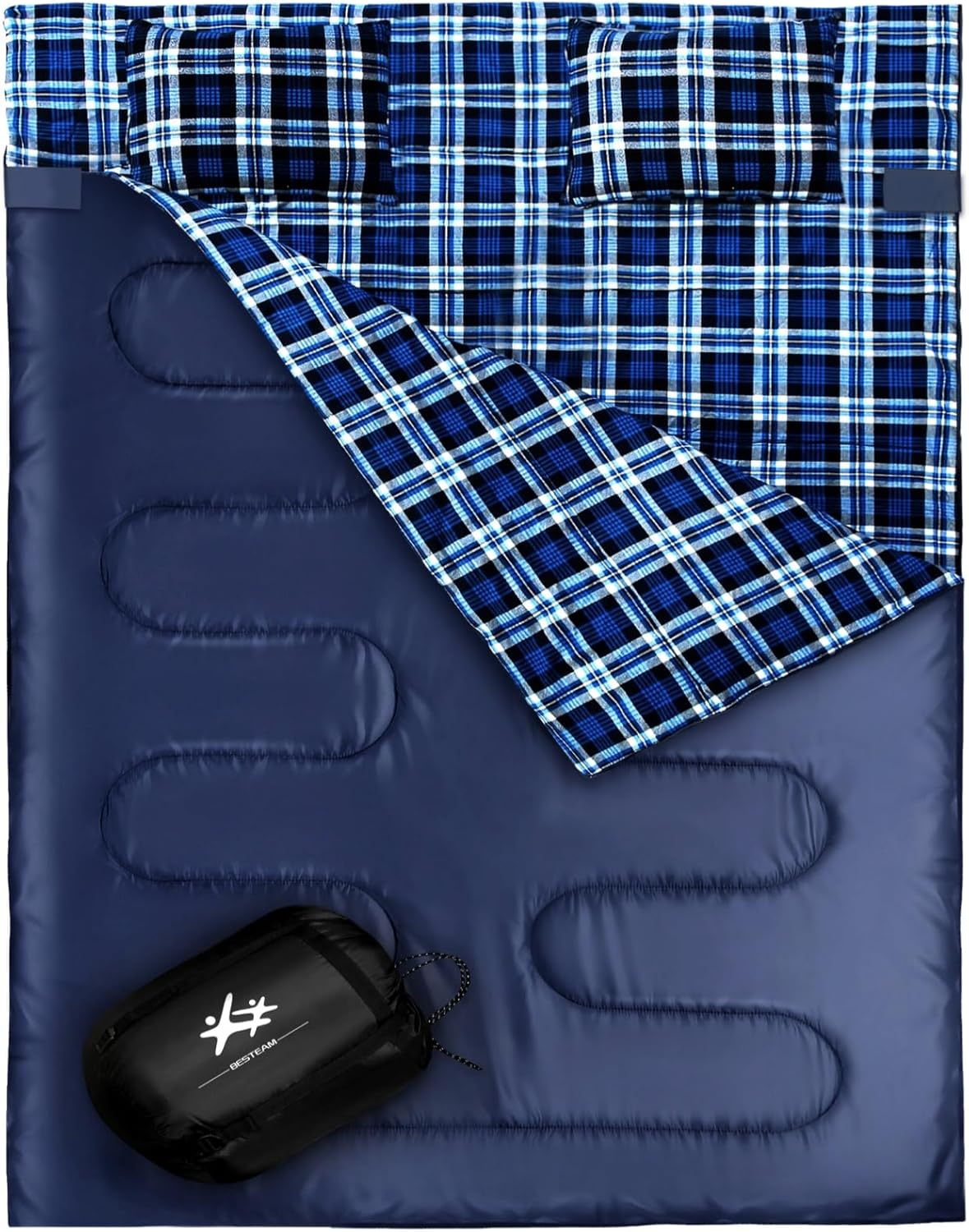 Double Sleeping Bag Flannel for Adults Kids, Queen Size for 2 Person with 2 Pillows, Warm & Cold Weather Sleeping Bag for Camping, Hiking, Waterproof Lightweight with Compression Sack Navy Blue