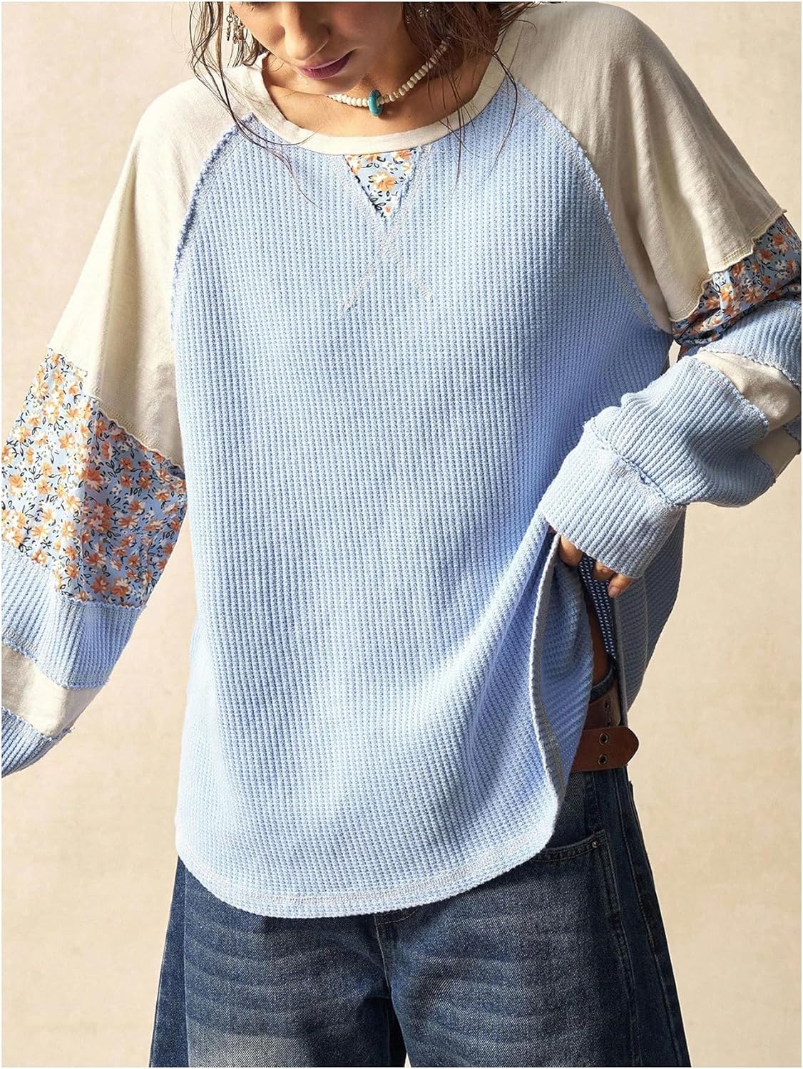 SOLY HUX Women's Crewneck Floral Sweatshirts Vintage Color Block Top Long Sleeve Ribbed Knit Shirts - Image 3