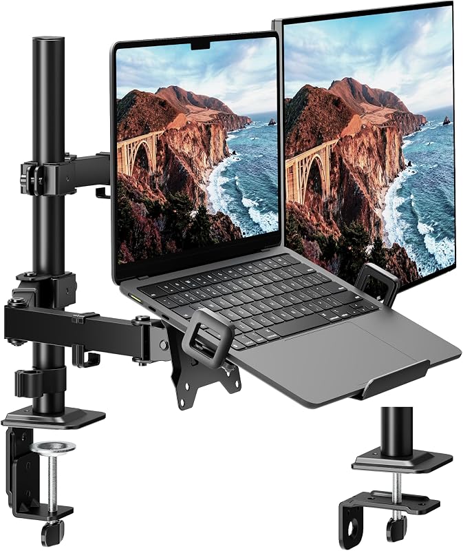 monTEK Monitor and Laptop Stand for 32" Screen and 17" Laptop | 2-in-1 desk mount holds 22 lbs, with height adjustment, tilt, swivel, clamp/grommet bases and VESA 75/100