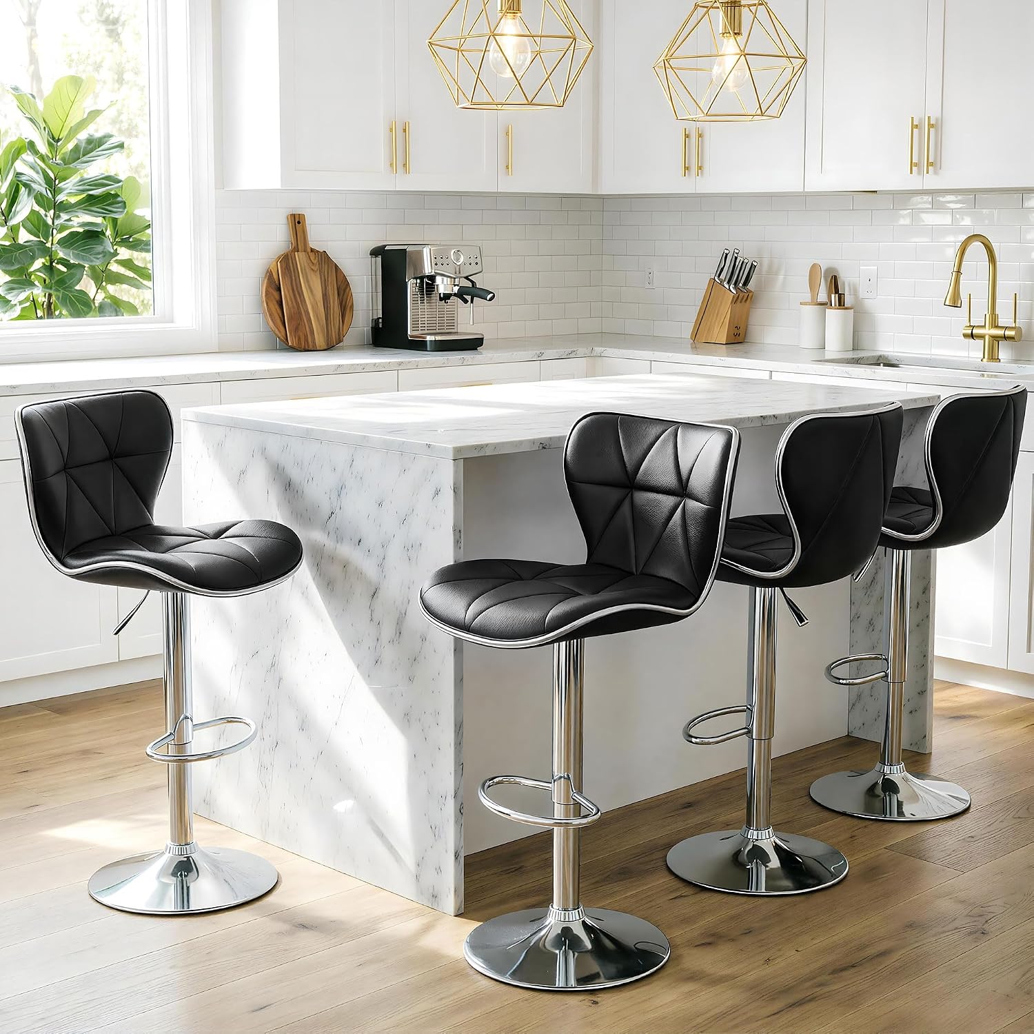 SUPER DEAL Counter Height Bar Stools Setof 4, Modern PU Leather Swivel Adjustable Bar Stool for Kitchen Island with Back, Black (4)