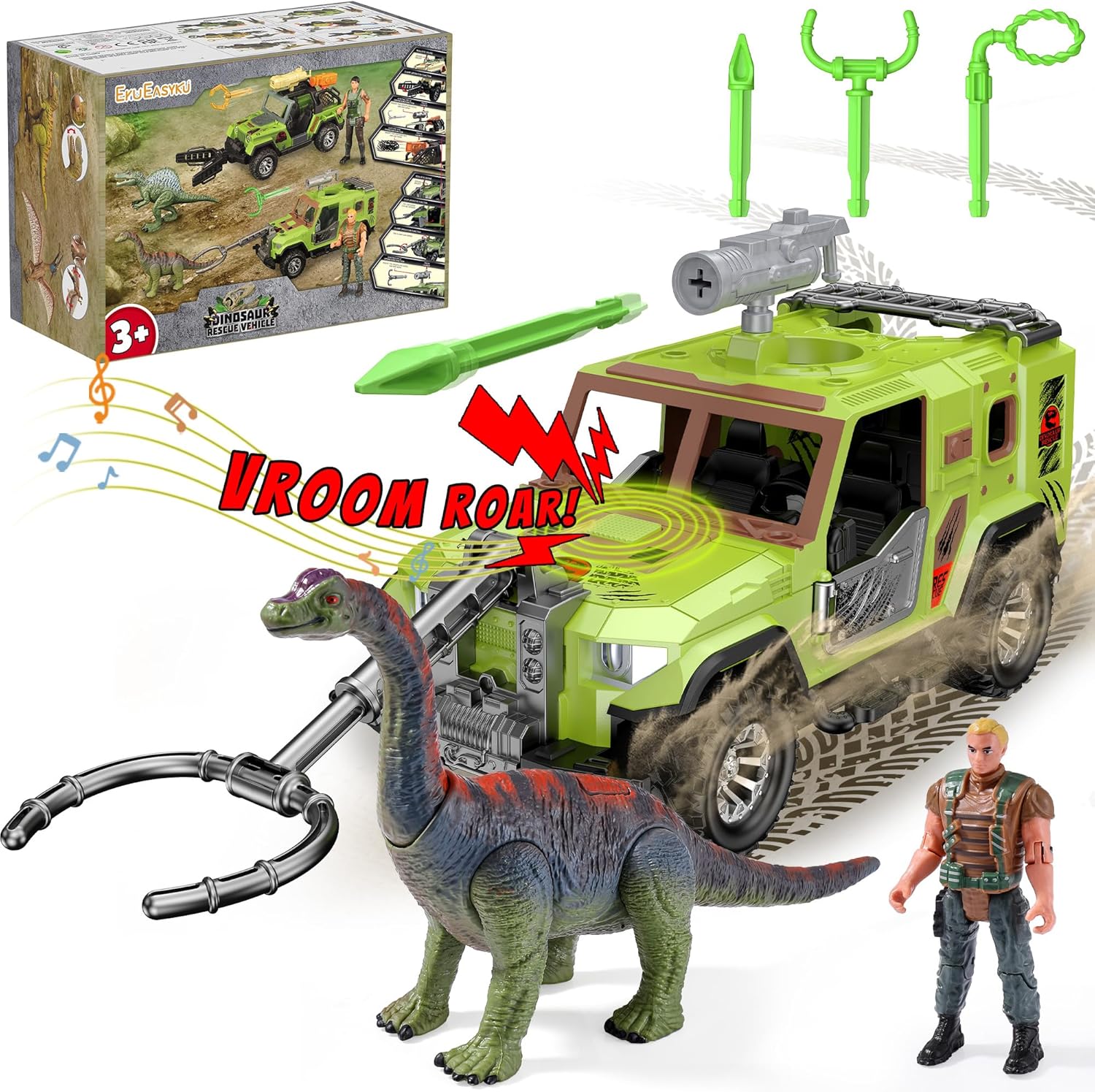 EKU Dinosaur Toys Capture Truck with Human, 10 Realistic Sounds, 15ft Launch, Wide Mouth Fork, Head Movable Brachiosaurus Dino for Jurassic World Role Play Adventure Rescue Birthday Gift for Kids 3+