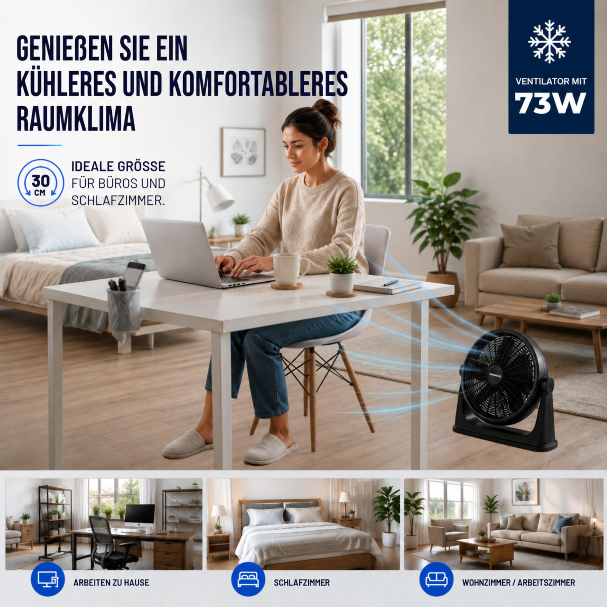Vonala Industrieller Boden- und Wandventilator, leistungsstark, 50 cm, leise, ABS, vibrationsfrei, für den Außen- und Innenbereich, schwarz, leistungsstark, leise, 73 Watt