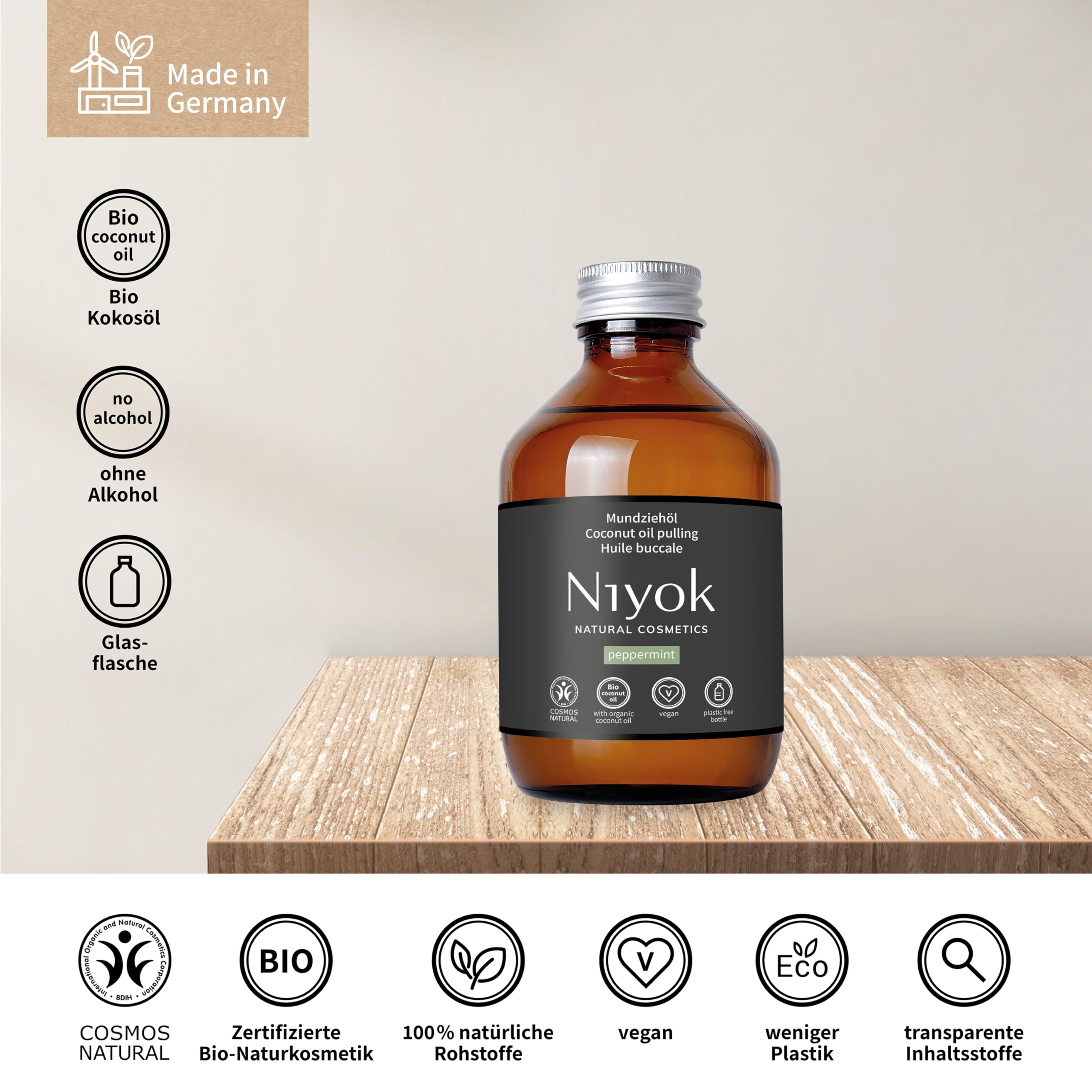 Niyok Mundziehöl Pfefferminze 200ml - Bio Kokosöl für Ölziehen (Packung mit 4)