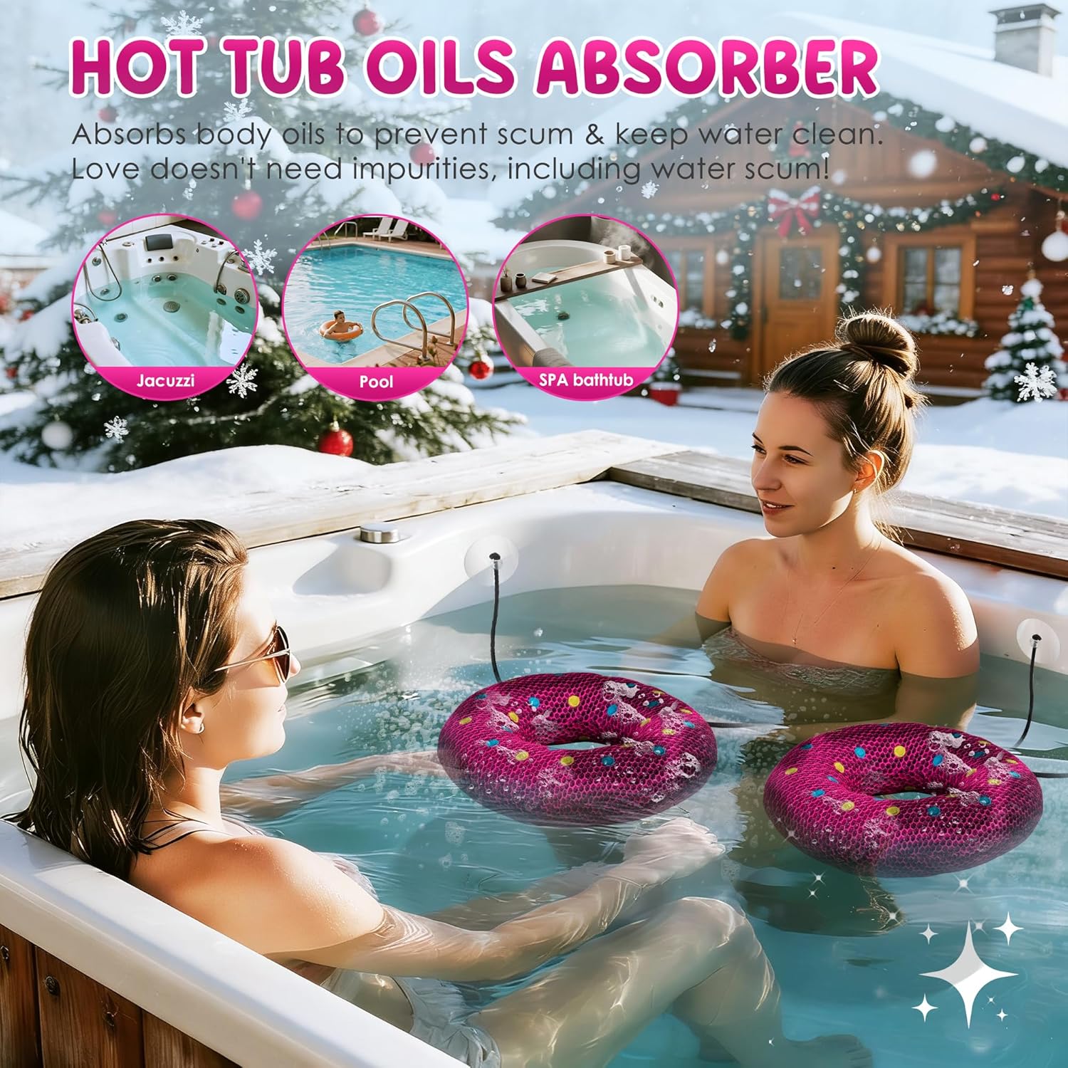 Hot-Tub-Scum-Absorber Doughnut Oil-Absorbing-Spa-Sponge-Hot-Tub-Floating-Sponge Pool-Cleaning-Sponge Hot-Tub-Scum-Bug-Reusable Keep Water Cleaner-Hot-Tub-Spa-Accessories for Adults Kids 2-Pack