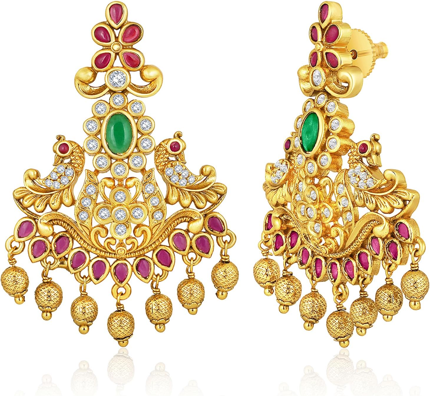 Aheli Gold Plated Synthetic Stone Studded Dangle Earrings Ethnic Fashion Jewellery Gift for Women