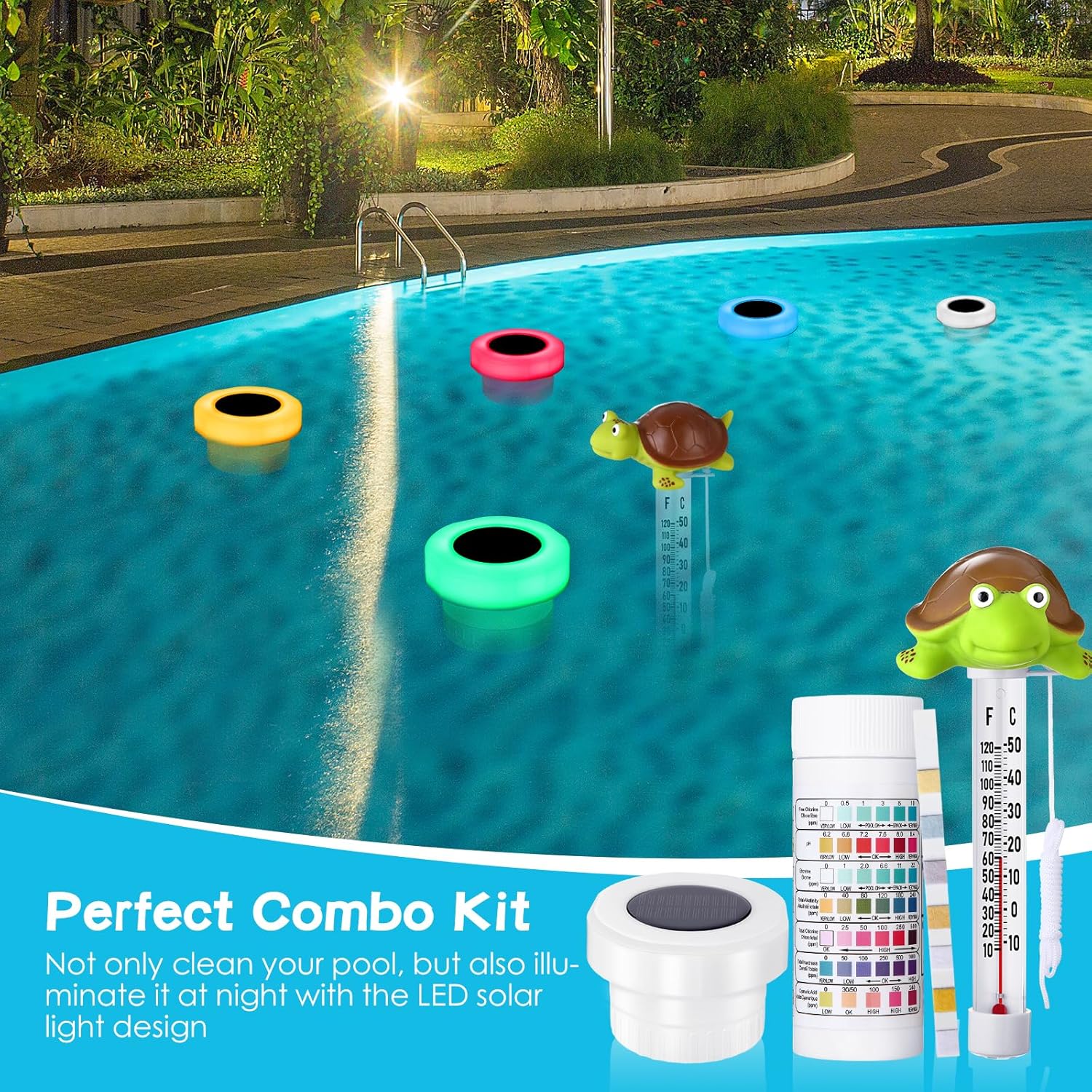TOODOO 3 Pcs Pool Floater with Test Strips and Floating Pool Thermometer Dispenser with Light for Beach Summer Swimming Spas Hot Tubs Aquariums