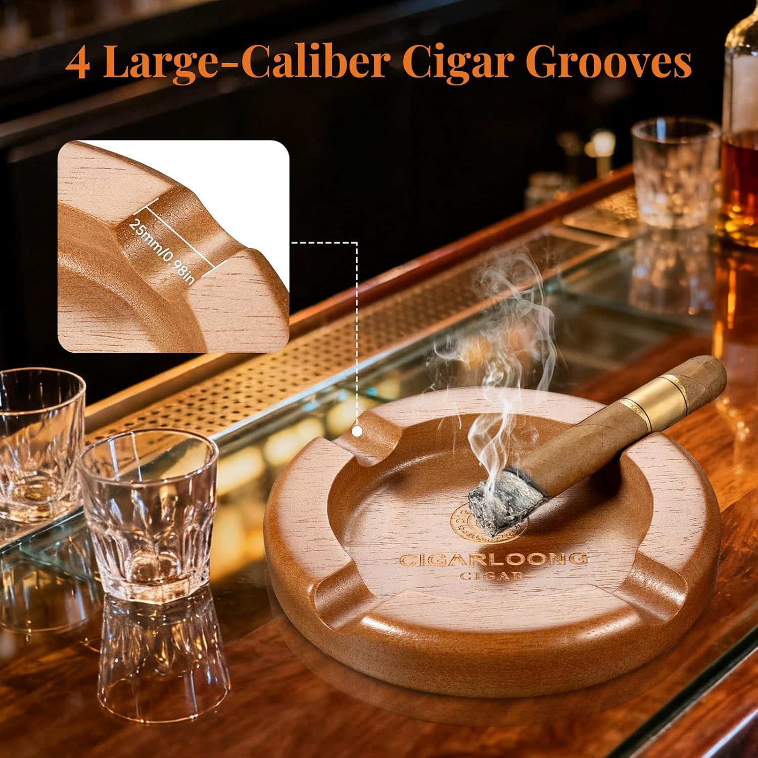 Wooden Cigar Ashtray with 4 Slot Cigar Holder, Large Round Cigarette Ash Tray For Patio, Indoor Outdoor Home Office Desktop Use Decoration Accessories, Gift for Men