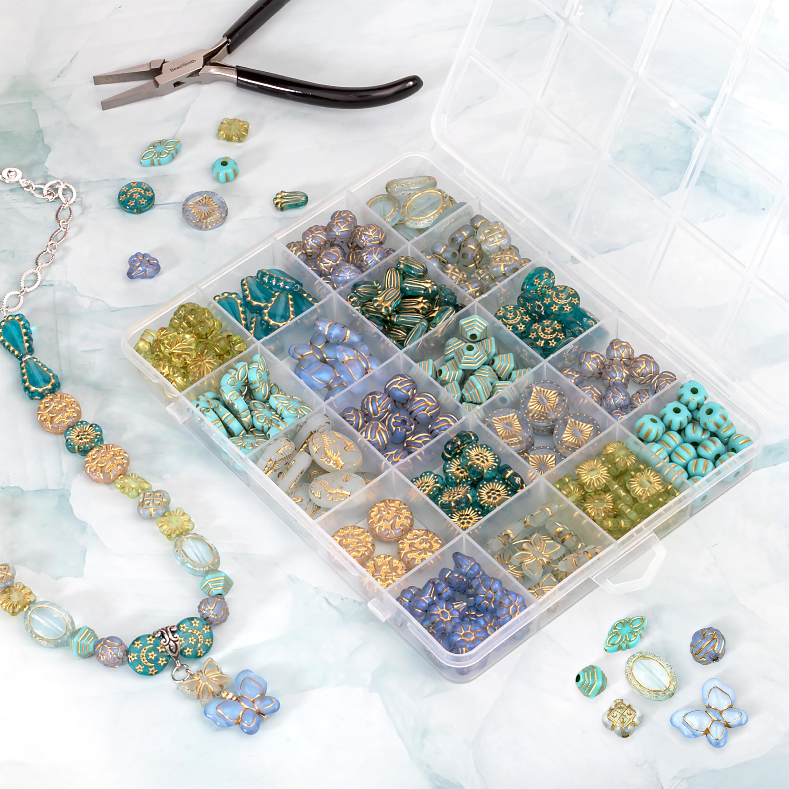 The Beadsmith Zestaw koralików akrylowych – niebieskie i imitujące złoto, mieszane koraliki, ok. 280 szt., 19 kształtów (6,3–17,5 mm), zestaw do tworzenia biżuterii i bransoletek