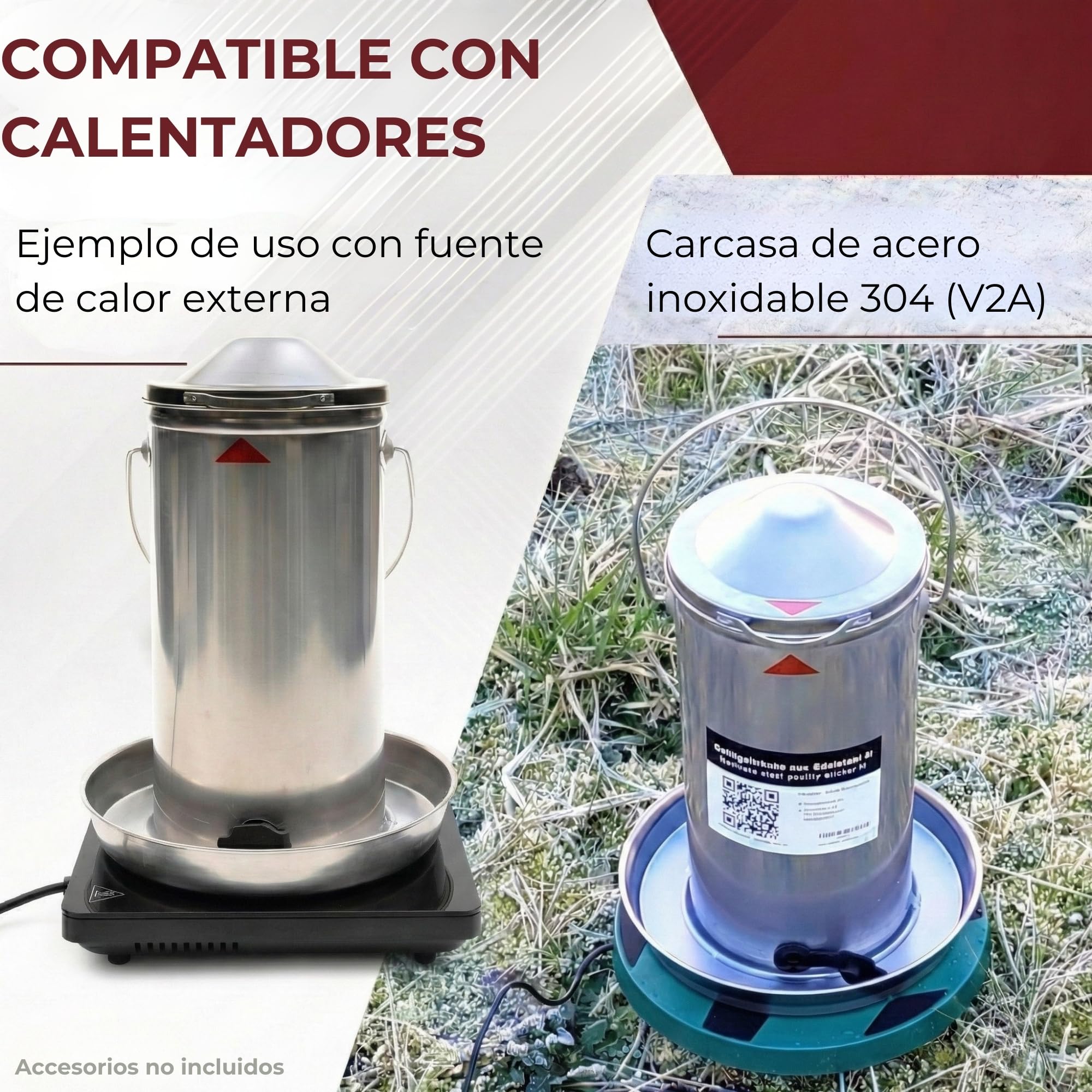 Bebedero para Gallinas 4L de Acero Inoxidable 304 (V2A) – Llenado Superior, Compatible con Calentadores y Placas calefactoras, para gallinero