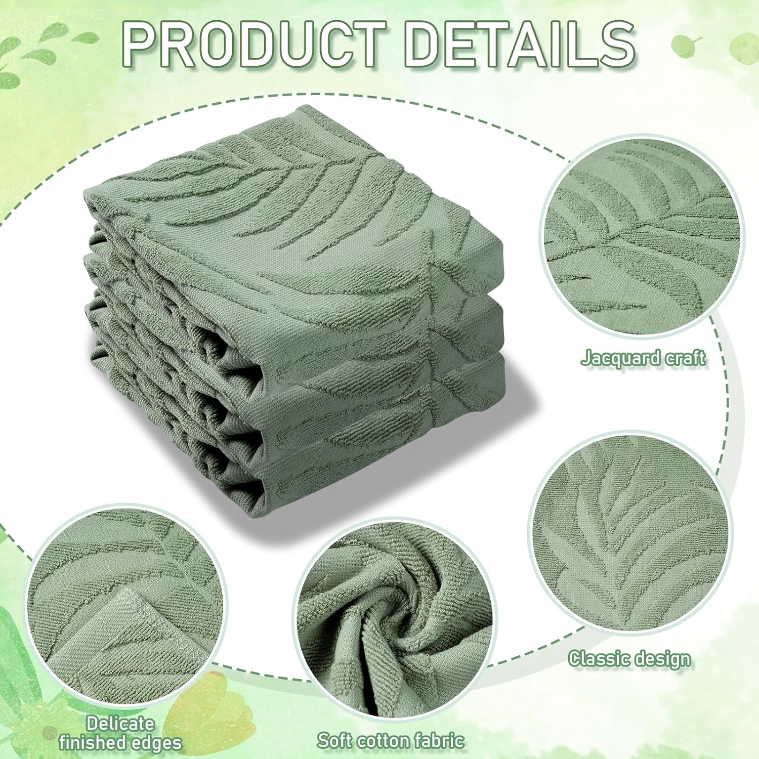 Shemilly 3pcs Leaves Hand Towels Sage Green Leaves Jacquard Hand Towel for Bath 100% Cotton Soft Bathroom Kitchen Decorative Set for Spring Summer Holiday Decor Gift,14 x 29 Inch - Image 3