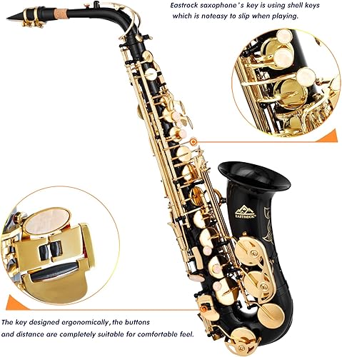Miniatura 50 de EASTROCK Kit completo de saxofón alto de níquel negro/dorado para estudiantes principiantes con estuche de transporte, boquilla, almohadillas