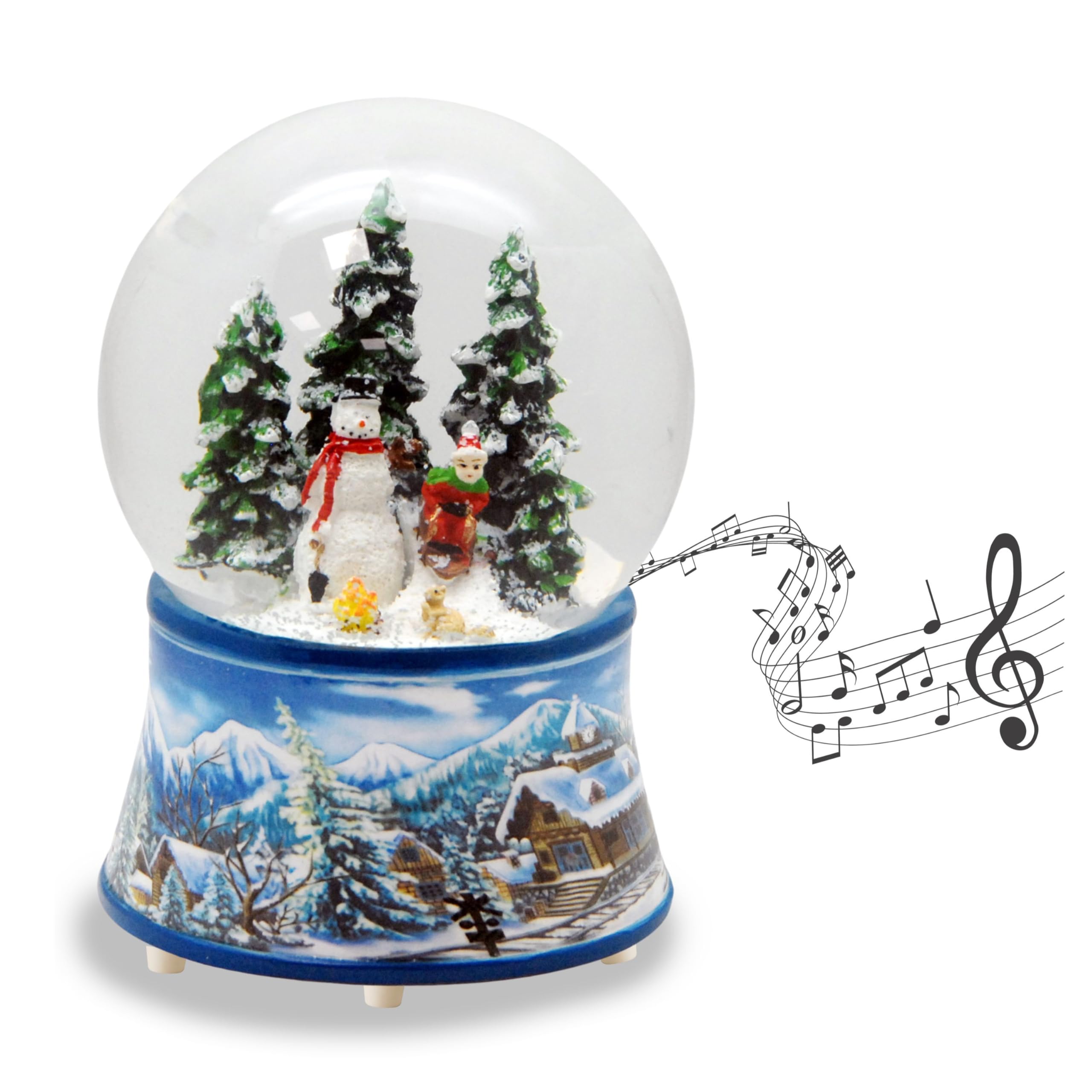 20088 Nostalgia snow globe with white porcelain base child builds snowman music box 10cm diameter