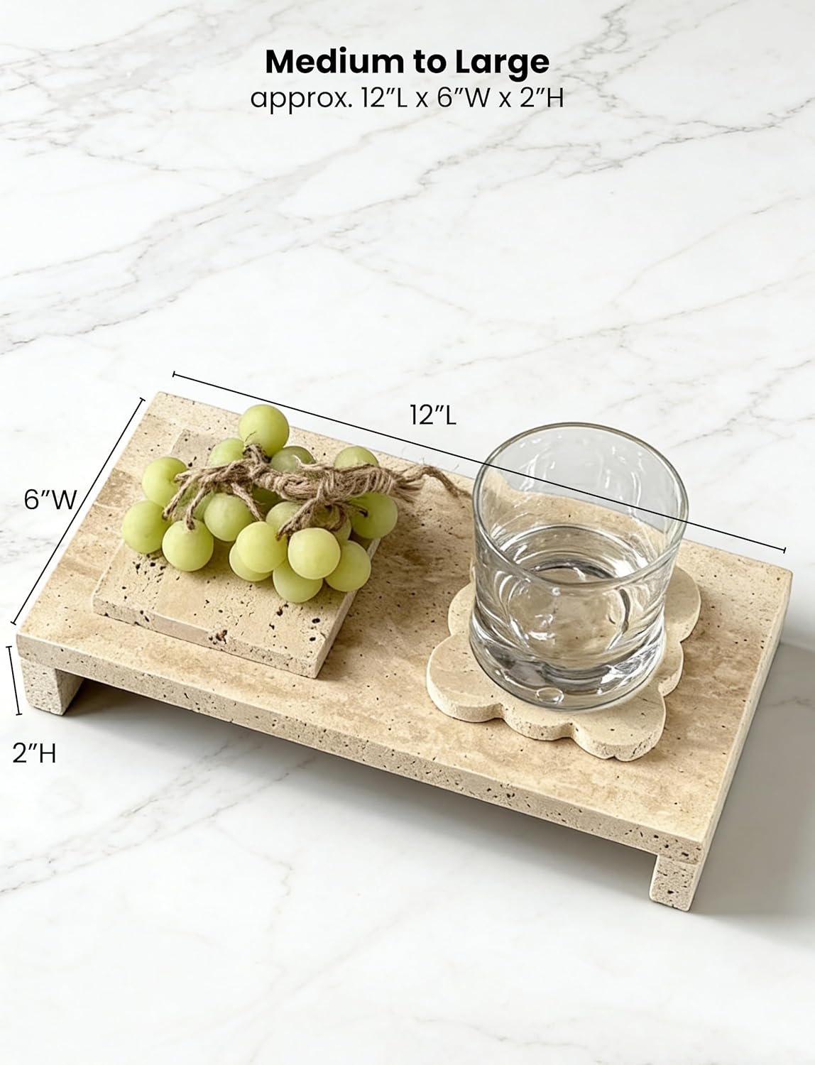 Travertine Tray with Pedestal Stand, Marble Tray for Kitchen Counter, Marble Serving Board & Footed Riser for Bathroom, Charcuterie, Cheese, Fruit Stone Display (Beige Travertine Midium)