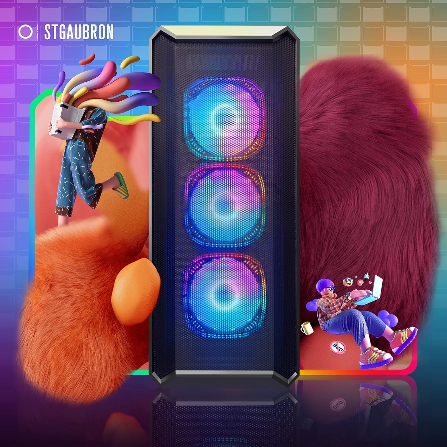 Front view of STGAubron Gaming PC Desktop tower with RGB fans