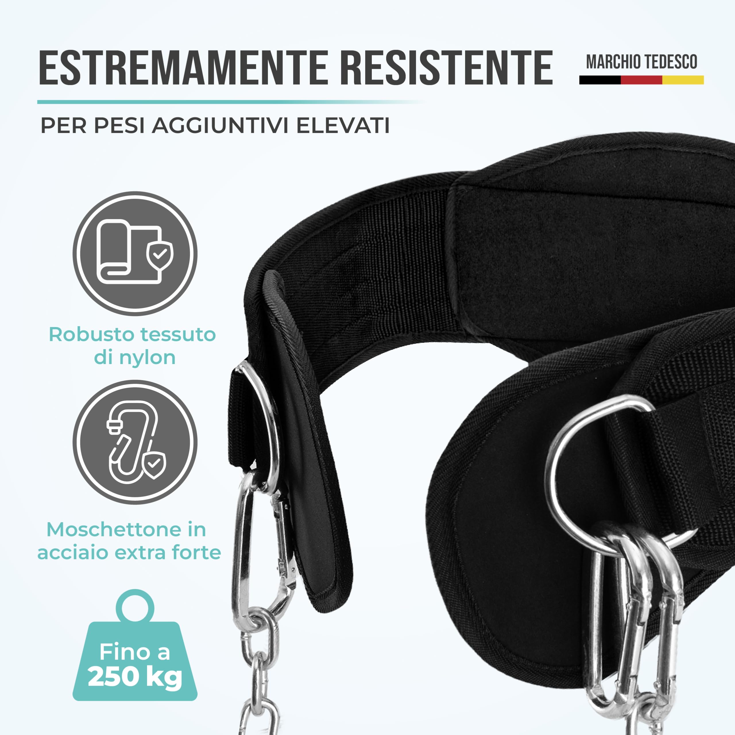 PULLUP & DIP Cintura Zavorra Cintura per Sollevamento Pesi per Aumentare la Muscolatura, Cintura per Dip con Catena d'Acciaio e 3x Moschettoni, Cintura Palestra per Calisthenics e Allenamento