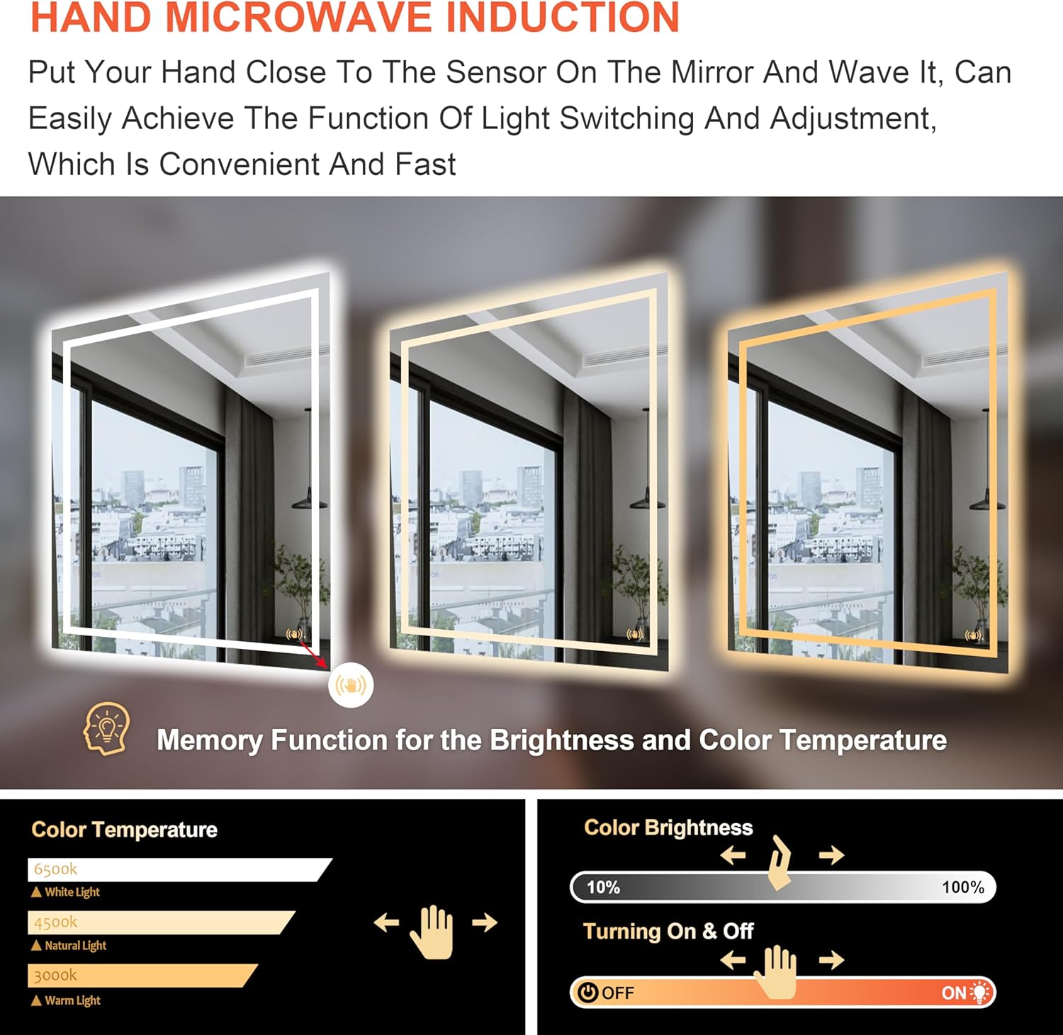 30'' x 30'' LED Light Bathroom Mirror with Hand Wave Sensor and Memory, Vanity Mirror with Lights Wall Mounted Bathroom Mirrors for Over Sink with Dimmable 3-Color Lights (Horizontal/Vertical)