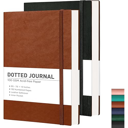 RETTACY Dotted Journal Notebook, 2-Pack, 192 Numbered Pages per Pack, B5 Medium Size (7.6'' × 10''), Leather Softcover, 100 GSM Thick Paper, for Bullet Journaling, Planning (Black & Brown)