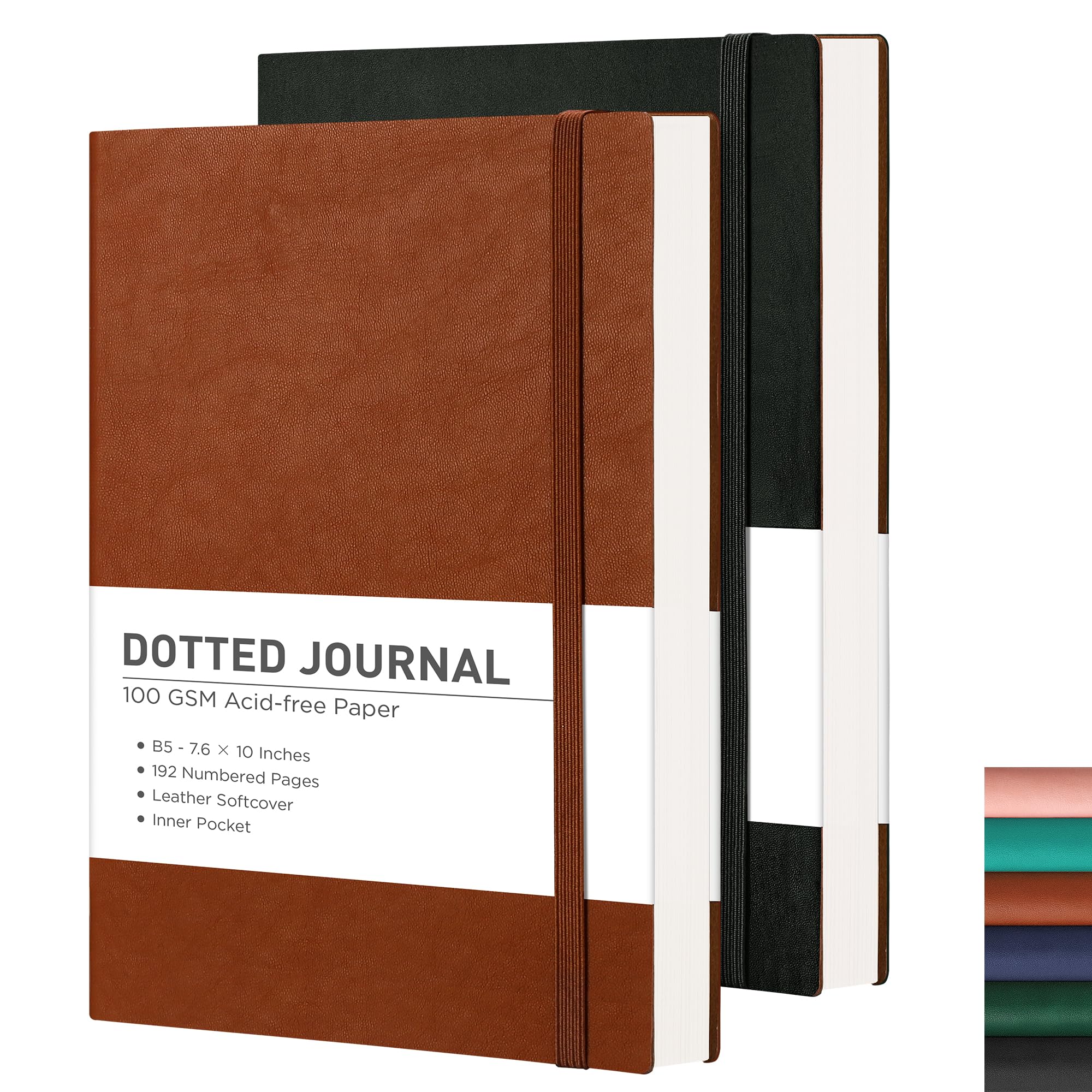 RETTACY Bullet Dotted Journal Notebook, 2-Pack, 192 Numbered Pages per Pack, B5 Medium Size (7.6'' × 10''), Leather Softcover, 100 GSM Thick Paper, for Bullet Journaling (Black & Brown)