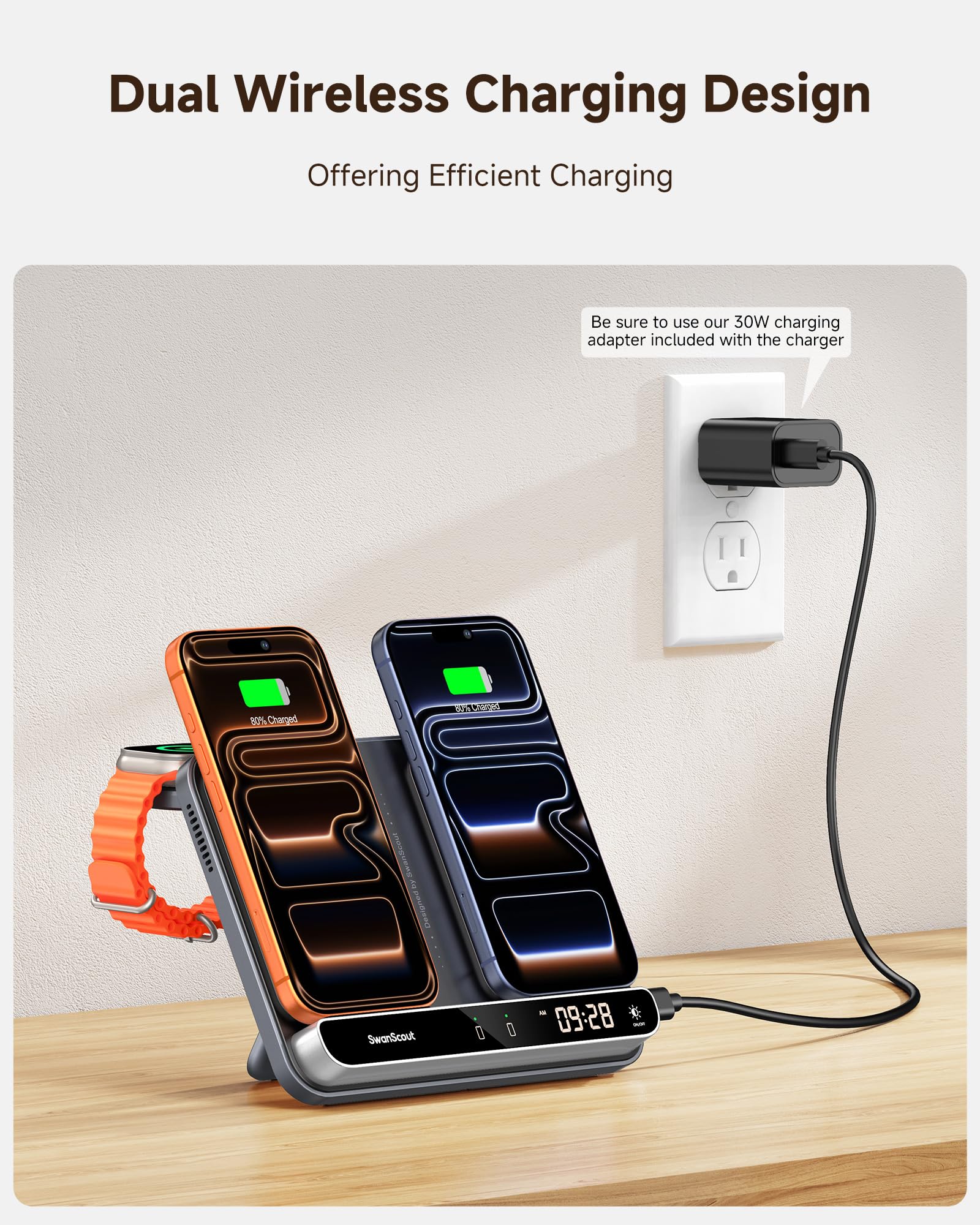 SwanScout Dual Ladestation für iPhone, Induktive Ladestation für 2 Handys | 30W Doppel Wireless Charger für iPhone 17/Air/16/15, für Apple Watch 11/10/Ultra 3/SE 3/AirPods, Ladegerät für 2 iPhone, 710A