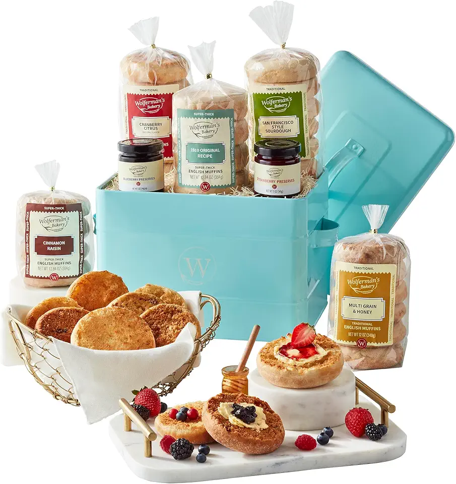 Wolferman's Classic Breadbox Gift, Cinnamon Raisin, Sourdough, Multigrain Honey, Cranberry &amp; Original English Muffins, Strawberry Preserves Assortment In Keepsake Tin, Breakfast, Brunch, 27Pc