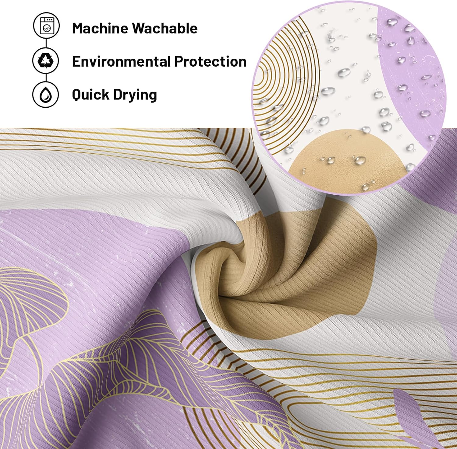 Purple Shower Curtain Lavender Light Purple and Gold Shower Curtains for Bathroom Decor MCM Bath Curtain Set, Waterproof Fabric with Hooks 70 x 96 Inch