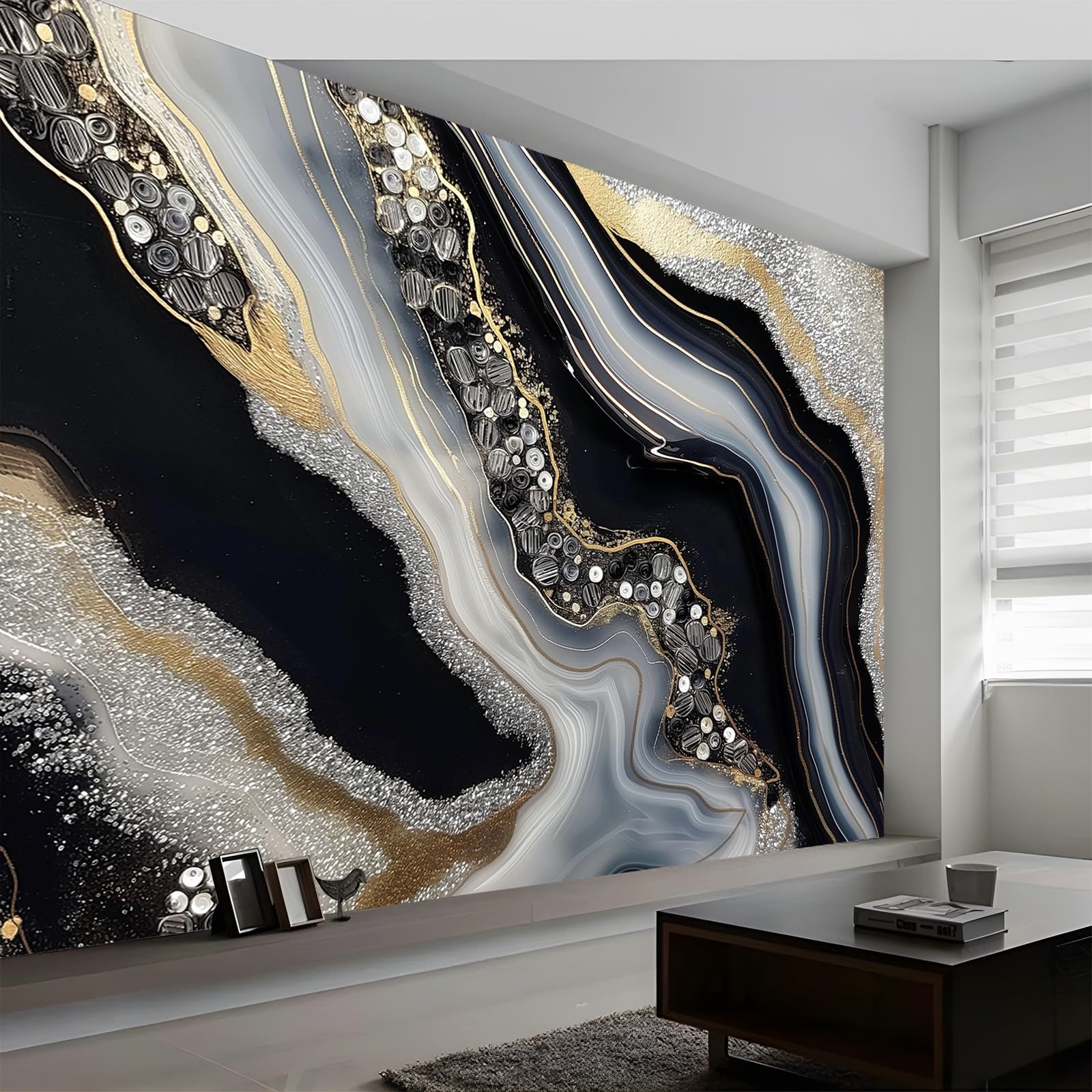 3D Wall Mural Marble Black and White Stripe Geometry Print Photo Wallpaper, Black and Gold Non-Woven Wall Mural Decoration Poster Picture Design Modern 500 x 280 cm Mural for Living Room Kids Bedroom