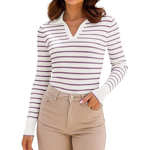 ZESICA Women's 2024 Fall V Neck Knit Striped Shirts Long Sleeve Slim Fit Lapel Sweater Casual Ribbed Basic Tops
