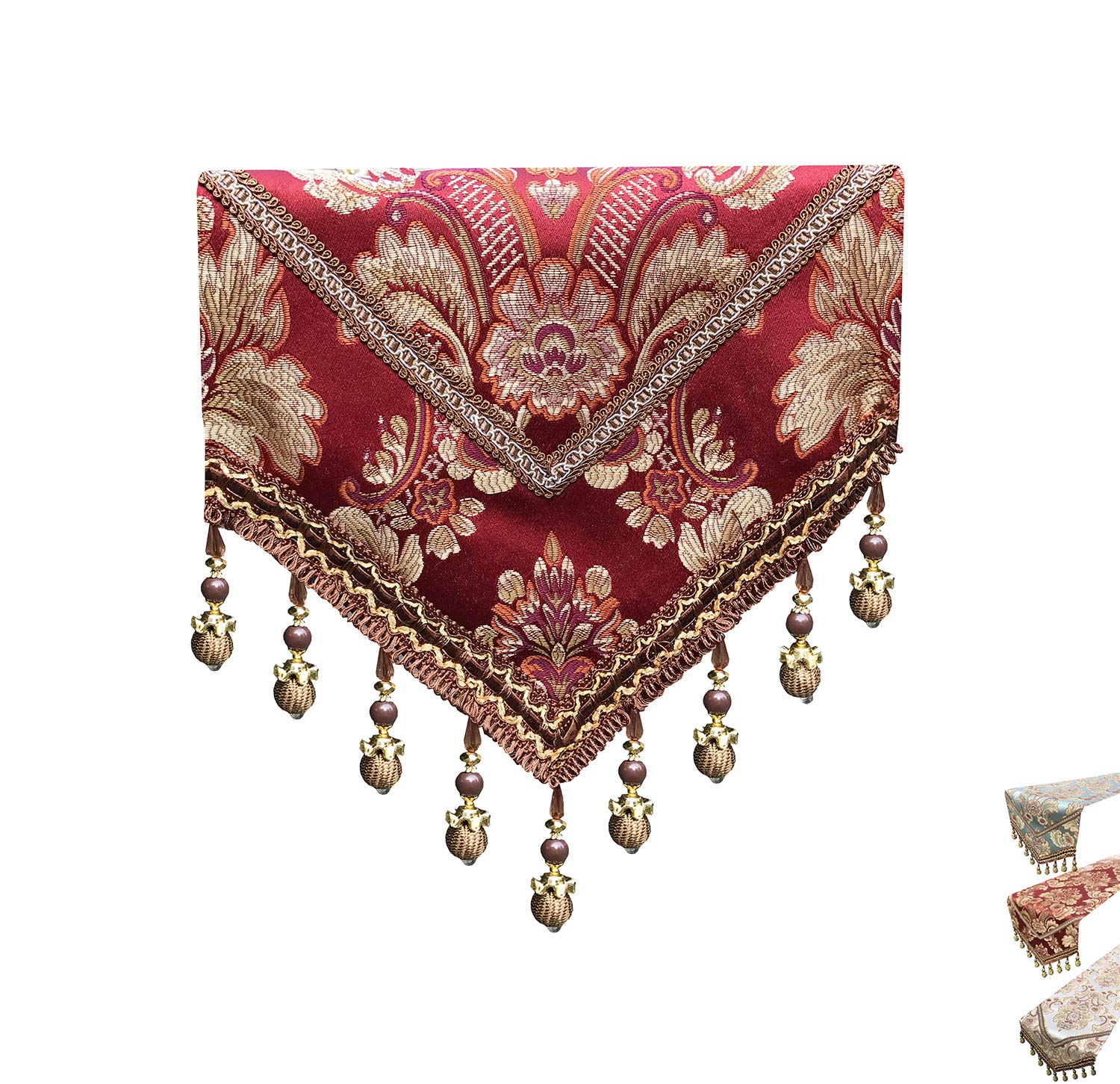 MAGILONA Home Tablecover Bead Decorative Europe Luxurious Cotton Linen Velvet 3D Relief Embroidered Floral Pattern Table Runner Dining Party 13x83 in (Red)